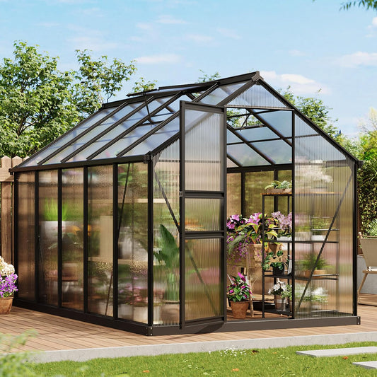 6x10FT Polycarbonate Greenhouse - Walk-in Outdoor Aluminum Frame Greenhouse with Roof Vent, Lockable Push Door for Garden, Backyard, Patio & Lawn(Black)