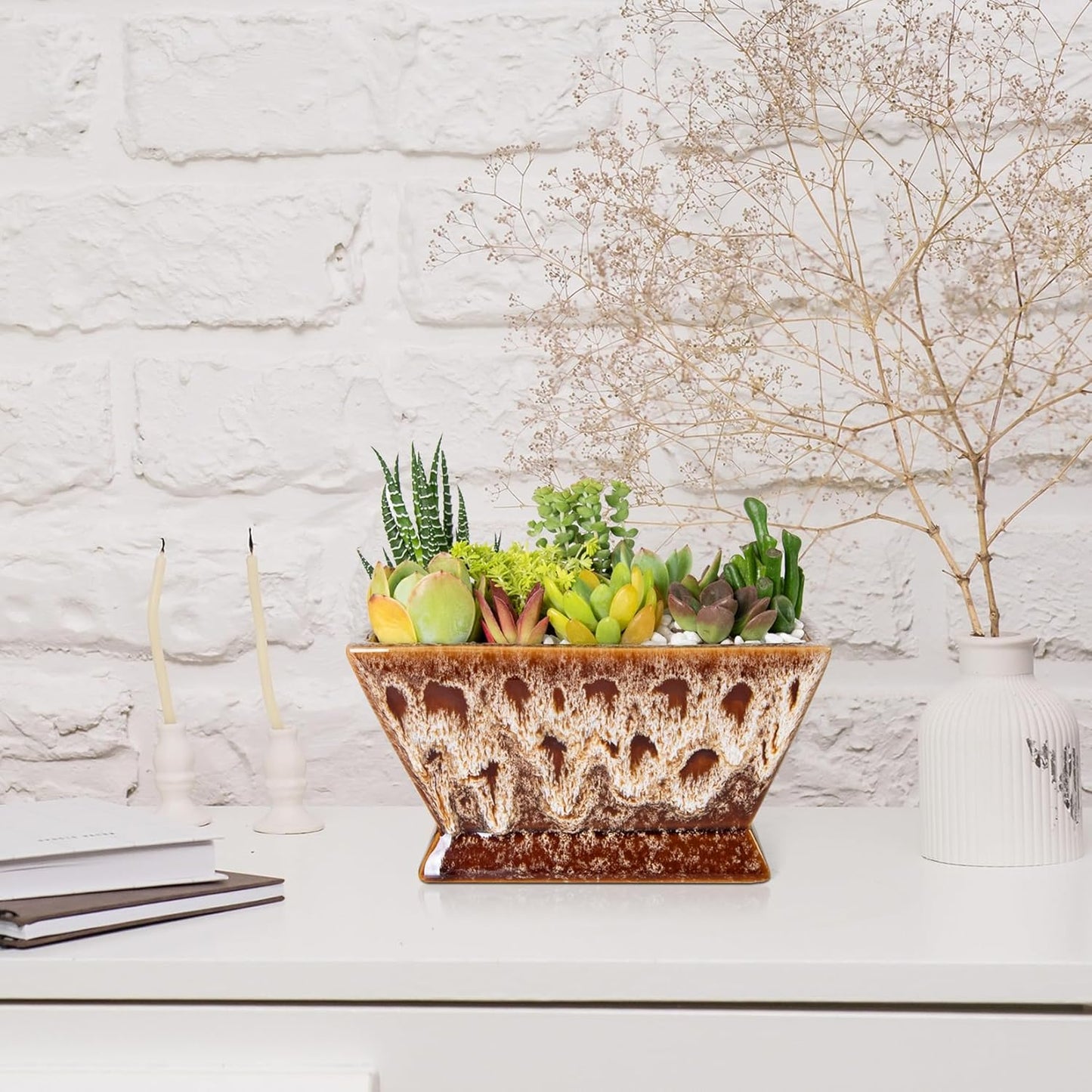 ARTKETTY Succulent Pots - 7 Inch Large Plant Pot with Drainage, Shallow Bonsai Pots Ceramic Succulent Planters for Indoor Outdoor Plants, Modern Cactus Pot Decorative Home Office