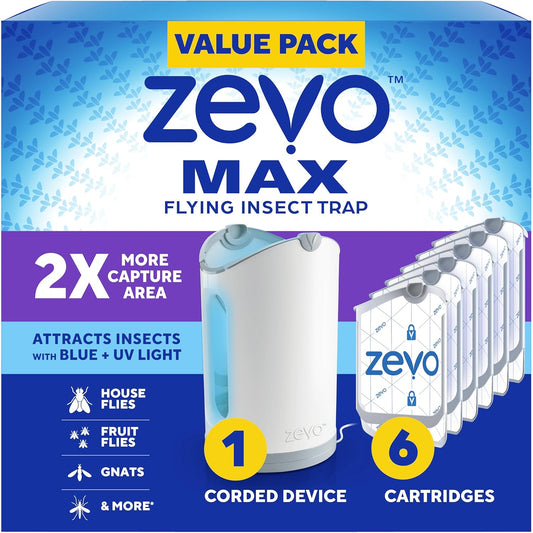 Zevo MAX Bug Catcher & Fly Trap for Indoors - Flying Insect Trap for Gnats, House & Fruit Flies - Use in Any Room - No-Mess Disposal (1 Plug in Base & 6 Cartridges)