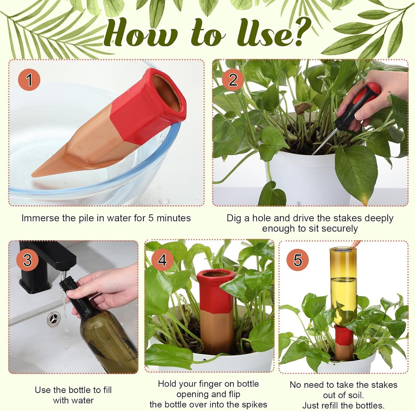 12 Pack Plant Watering Devices Include 6 Terracotta Self Watering Spikes and 6 Pcs 26 oz Plastic Bottles, Slow Release Vacation Insert Automatic Plant Waterer Device (Mixed Colors)