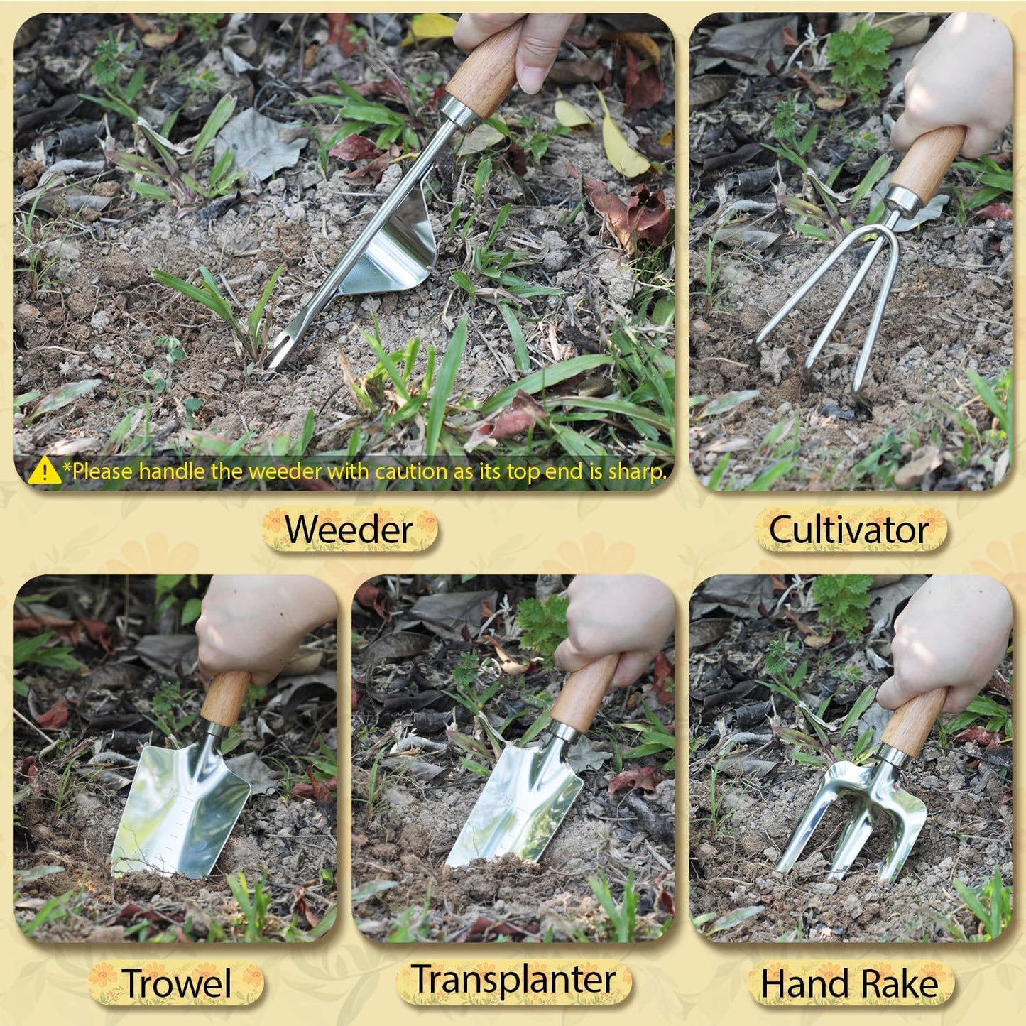 LeMotech Gardening Tools, 10-Piece Heavy Duty Garden Hand Tools Set with Wooden Handle, Durable Fashion Organizer Bag for Garden Supplies, Gardening Gifts for Women Grandmother, Yellow Floral Pattern