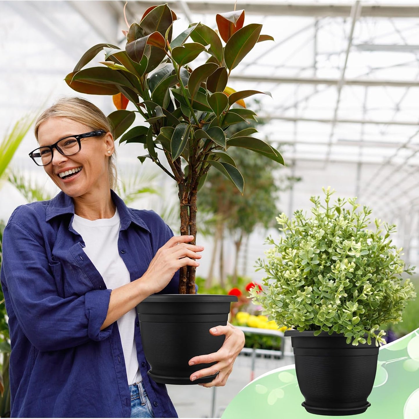 12 Pack 8+'' Plastic Plant Pots Round Planter Pots with Saucer Tray Seedling Pot Hole Seed Resin Plant Pot Starting Nursery Flower Container with Pallet for Garden Outdoor Indoor(Black)