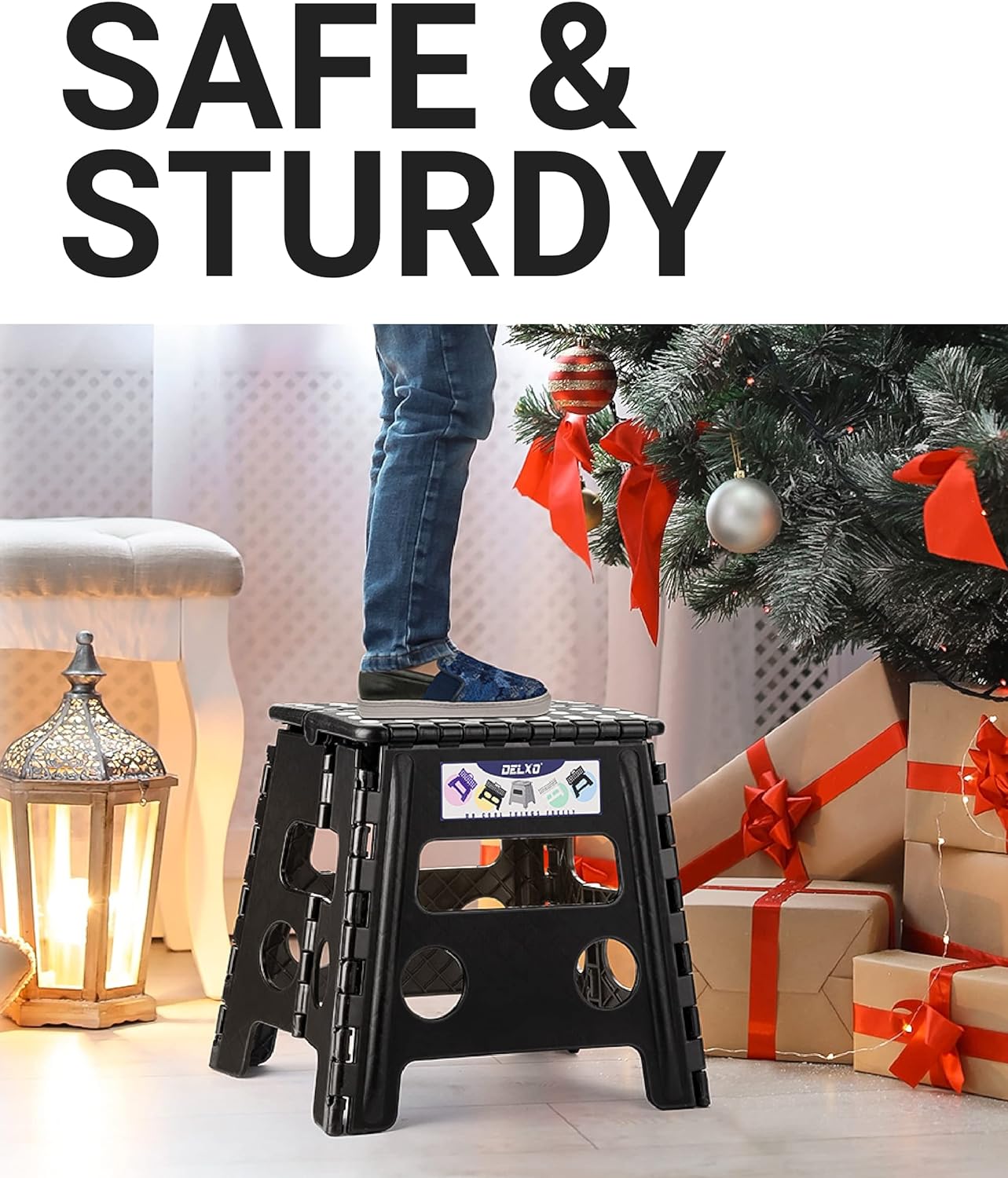 Delxo Folding Step Stool, 13 inch Non-Slip Foldable Stools Up to 300 LBS, Step Stool with Handle, Lightweight for Kitchen, Bathroom, Bedroom, Garden, Black, 1PC