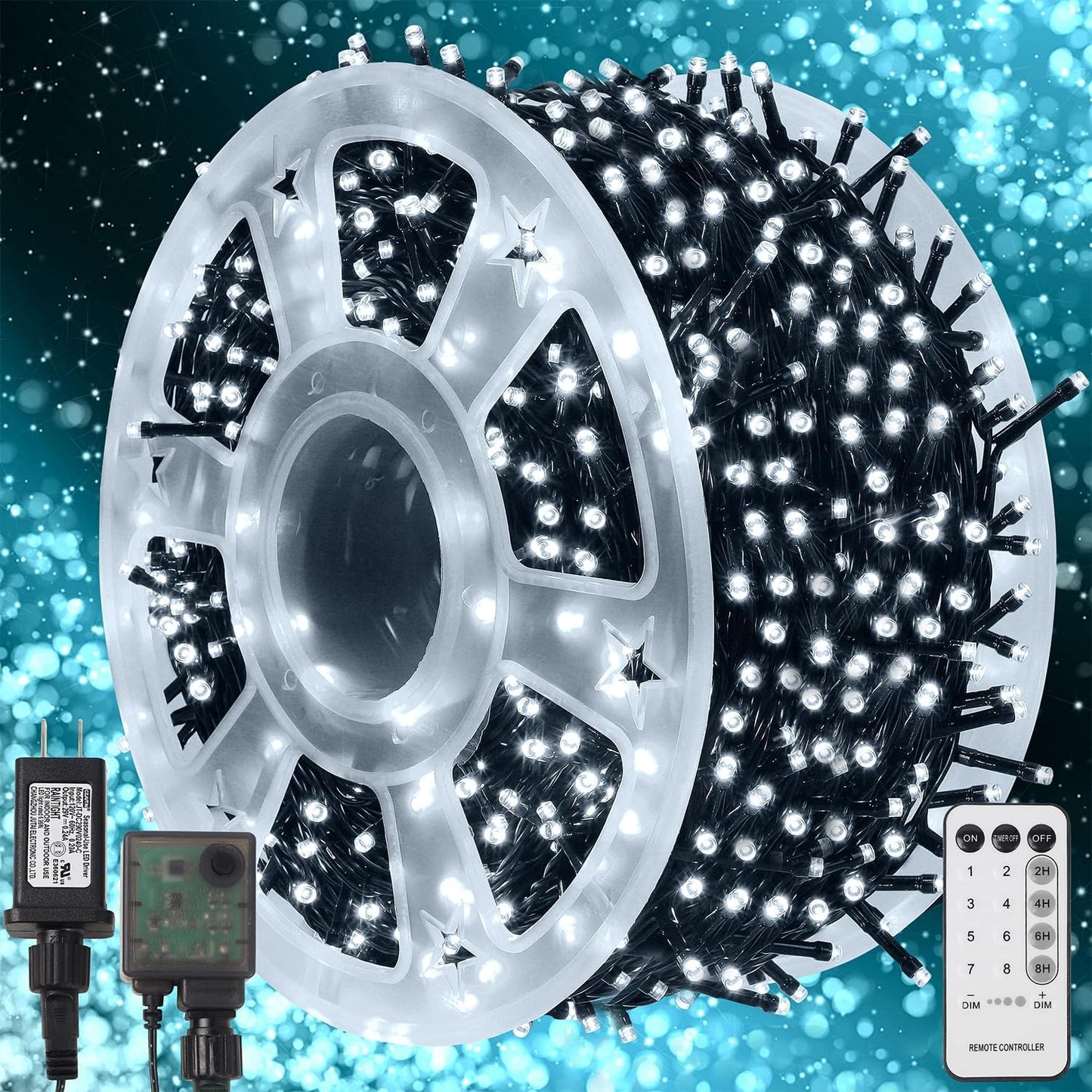 WATERGLIDE 1000 LED Christmas String Lights, 328 FT Green Wire LED Decorative Fairy Lights with Remote & 8 Modes, Waterproof for Outdoor Xmas Holiday Party Garden Wedding Home Decor, Cool White