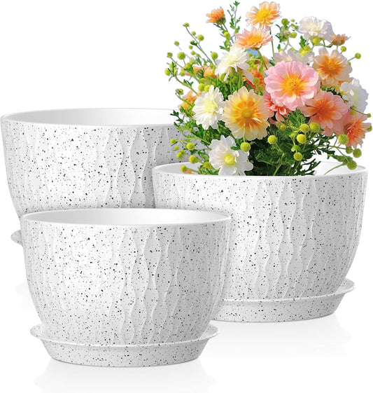 12/10/9 inch Large Flower Pots, 3 Set Big Plant Pots for Outdoor Indoor Plants with Water Ripples, Wide Plastic Planters with Drainage Holes and Saucers for Garden House Plants, Speckled White