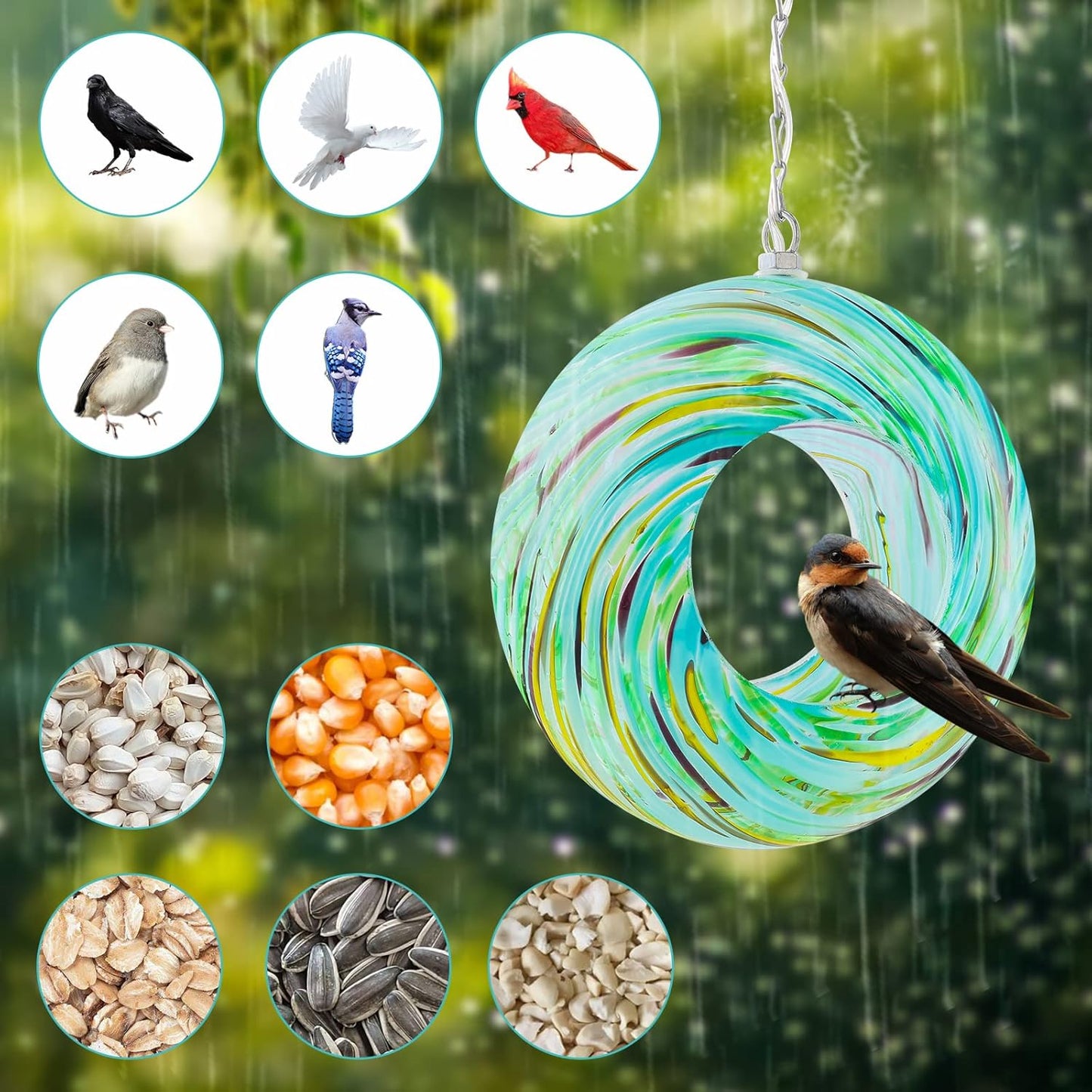 Yinns Glass Bird Feeders for Outside Hanging Fly Through Bird Feeder with Round Shape Solar Birdfeeder for Yard Garden Decor