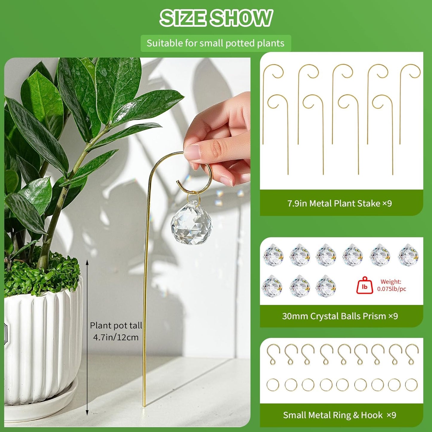 HDCRYSTALGIFTS 9pcs 30mm Crystal Ball Prism Suncatchers with 7.5'' Gold Plant Pot Trellis for Miniature Garden and Potted Plant Decorations, Fairy Garden Sun Catchers for Indoor Plants Accessories