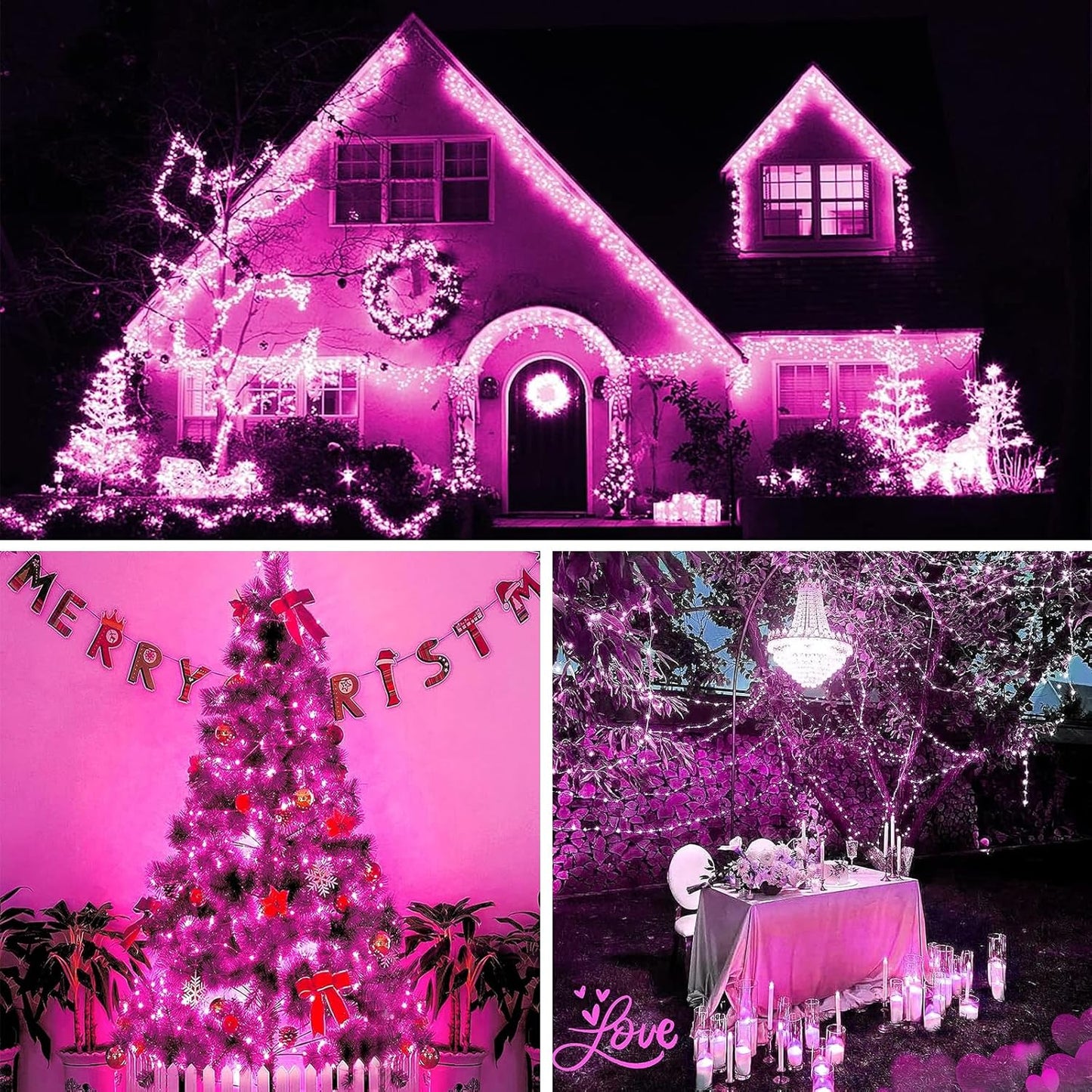Solar String Lights Outdoor, 2-Pack Total 80FT 200 LED Solar Christmas Twinkle Lights Outside Waterproof Copper Wire 8 Modes Solar Fairy Lights for Garden Tree Party Birthday Christmas Decor (Pink)