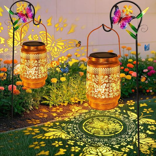 2 Pack Solar Lanterns Outdoor Butterfly Garden Decor, Birthday Gifts for Women Mom Grandma Waterproof Metal Hanging Solar Lights LED Decoration with Shepherd Hook Outside for Yard Porch Lawn Patio