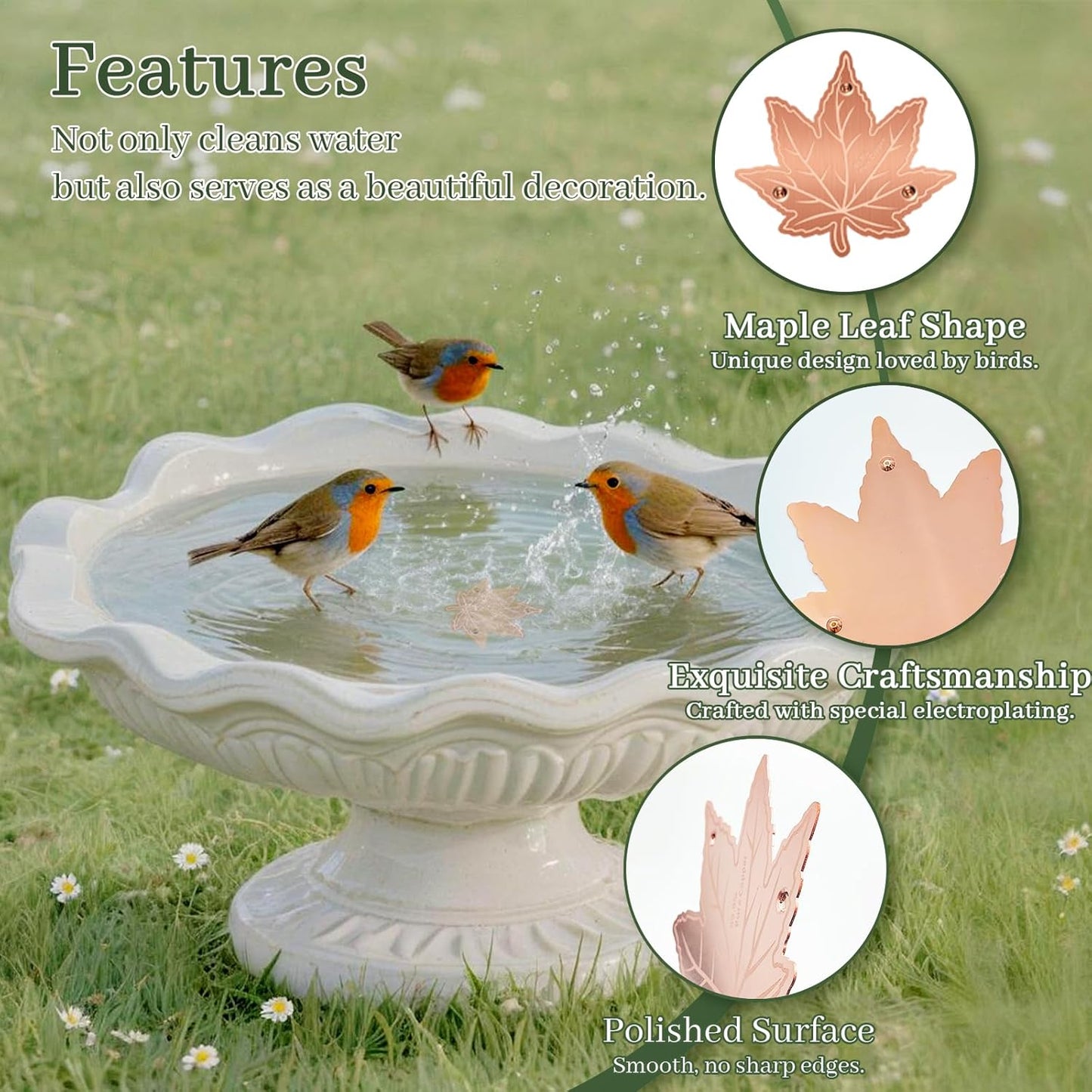 Bird Bath Copper Disk,Bird Bath Purification Disk 0.6mm Reinforced 99.99% Pure Copper Cleaning Disk with 3-Point Support,Fits Outdoor Birdbath & Bowl,Provide Safe Clean Water,Maple Leaf-1Pc