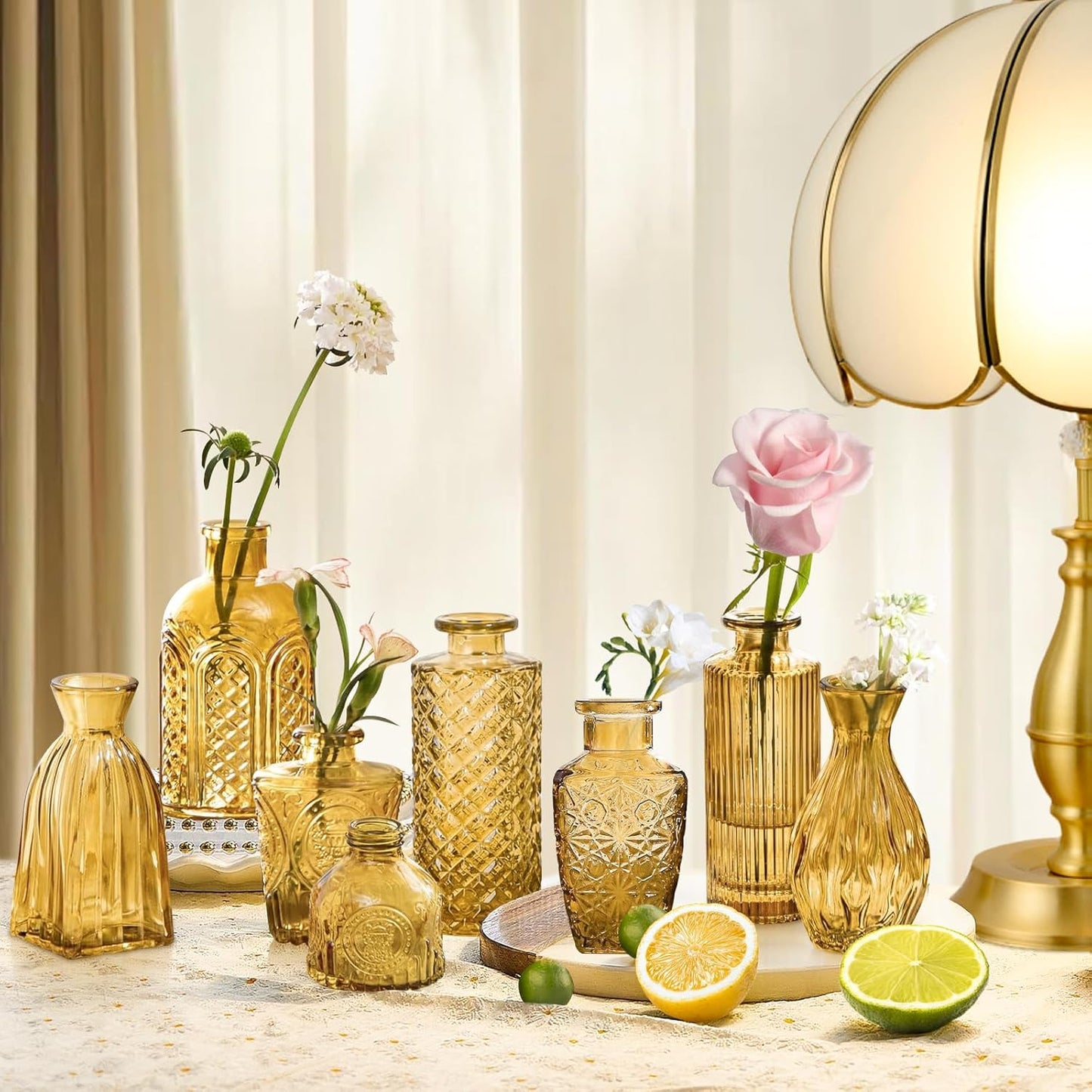 Amber Gold Glass Bud Vases Set of 24, Vintage Small Vases for Flowers, Clear Crystal Mini Style in Bulk, Small Flower Glass for Centerpieces Wedding Decorations Home Party Decor