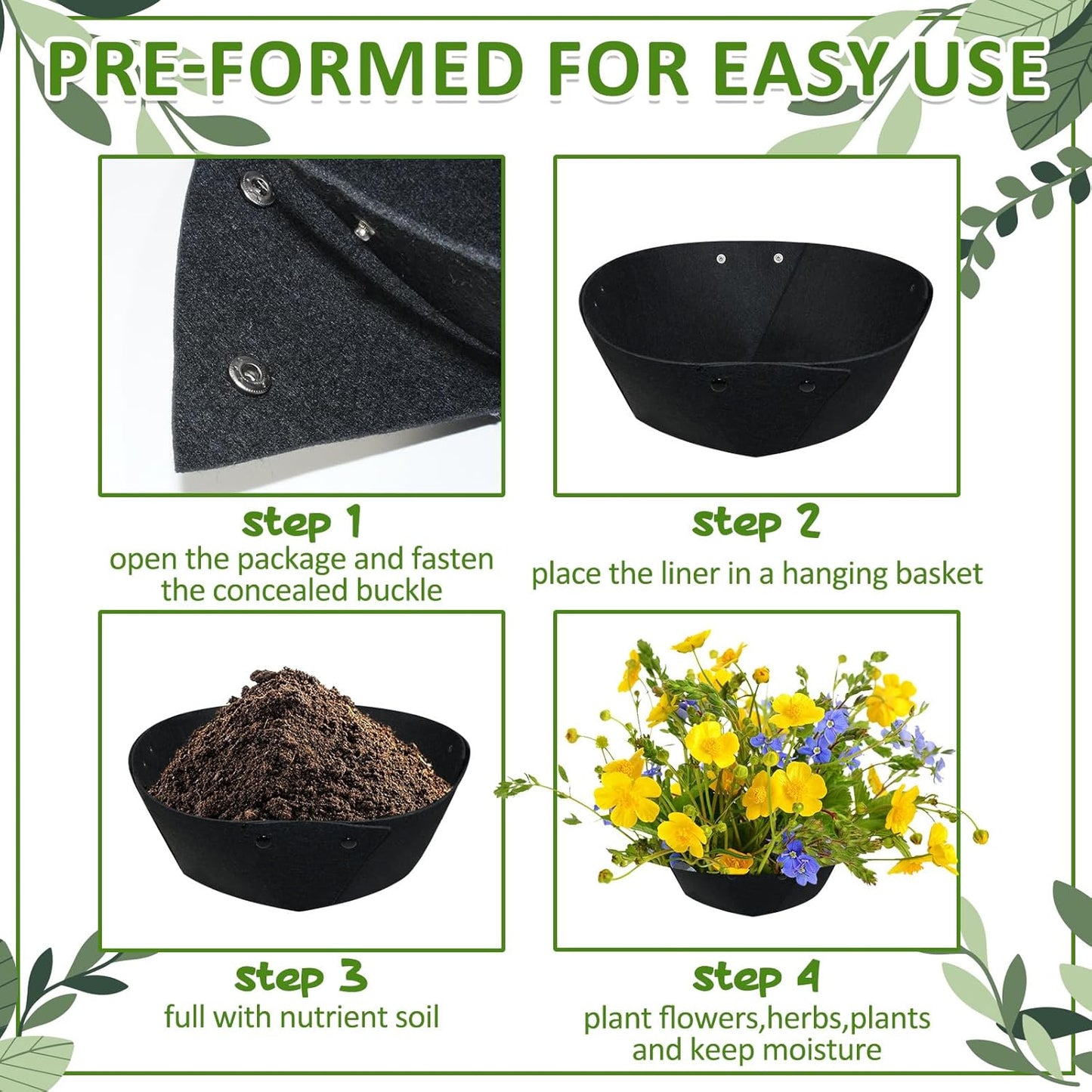 14Inch Round Fabric Planter Liners (4pcs), Felt Flower Pot Liners for Hanging Baskets, Planter Liner for Garden Flower Vegetables Plant Indoor/Outdoor (Black)