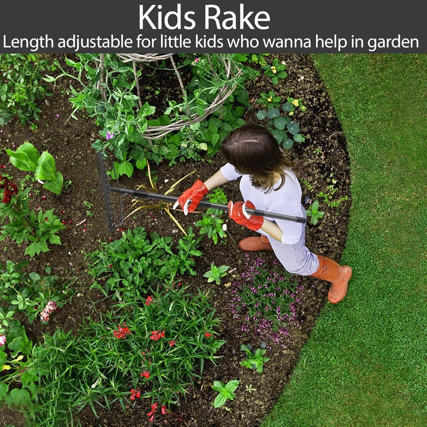 Bow Rakes for Lawns, 17 Prongs 17" Wide Heavy Duty Metal Garden Rake Long Handle 50", Adjustable Rock Yard Thatch Rake for Leaves Gardening Loosening Soil Mulch Gathering Leaf