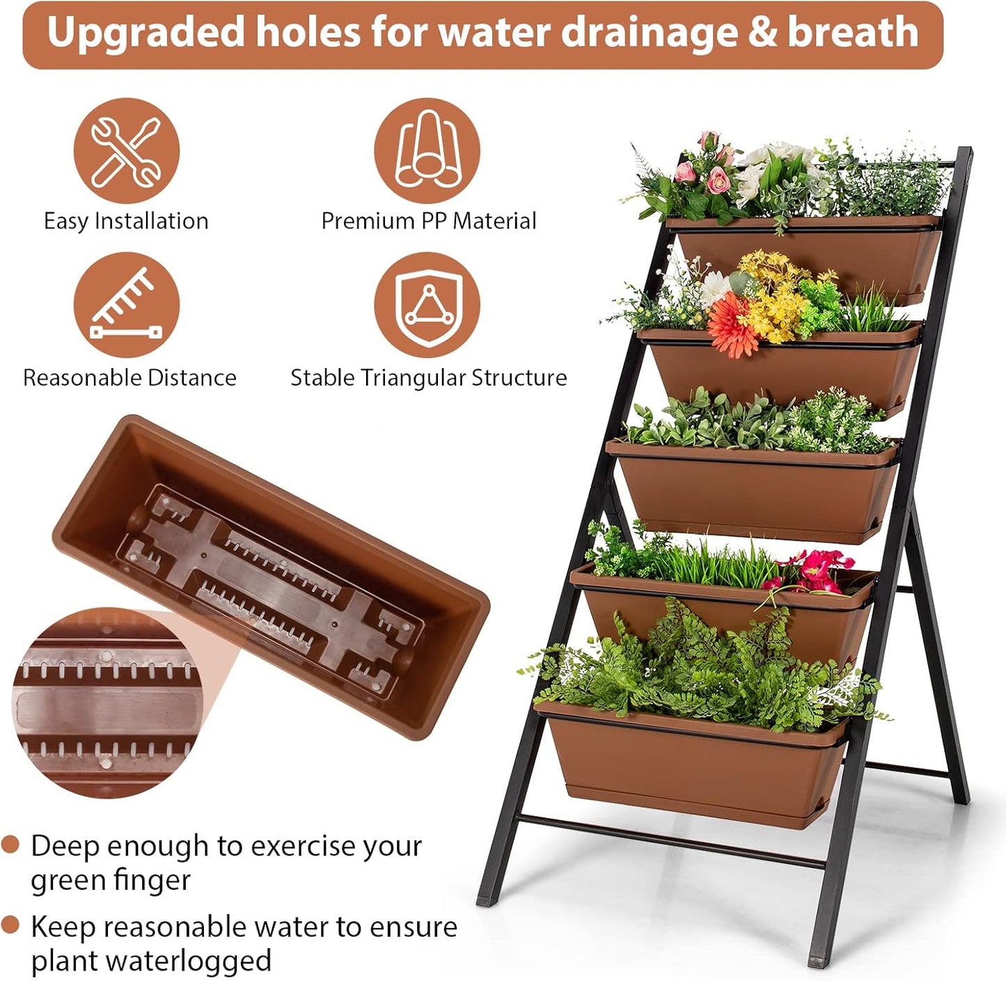Giantex Set of 2 Vertical Planter Raised Bed, Elevated Garden Beds with Water Drainage Hole, Freestanding 5 Container Boxes for Herb Vegetables Flowers Growing, Outdoor Indoor Patio Balcony