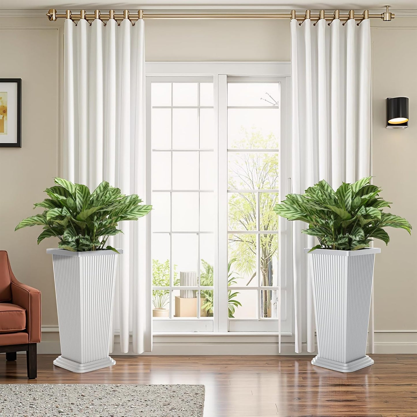 FENCY Set of 2 Tall Planters for Outdoor Plants, 24 Inch Large Tapered Pots with Drainage Trays, Weather-Resistant Plastic Plant Containers for Patio, Porch, Garden, Front Door Decor,White, Striped