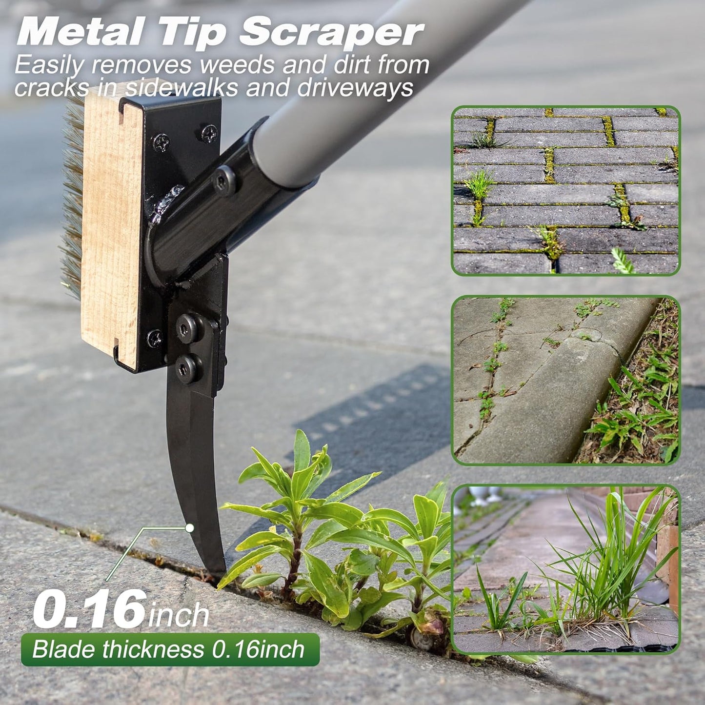 Walensee 3-in-1 Crack Weeder & Moss Remover Brush with 66.5-Inch Adjustable Handle, Weed Puller with 2 Replaceable Brush Heads and Scraper for Deck, Patio, Walkway, Driveway Crevice Cleaning Tool