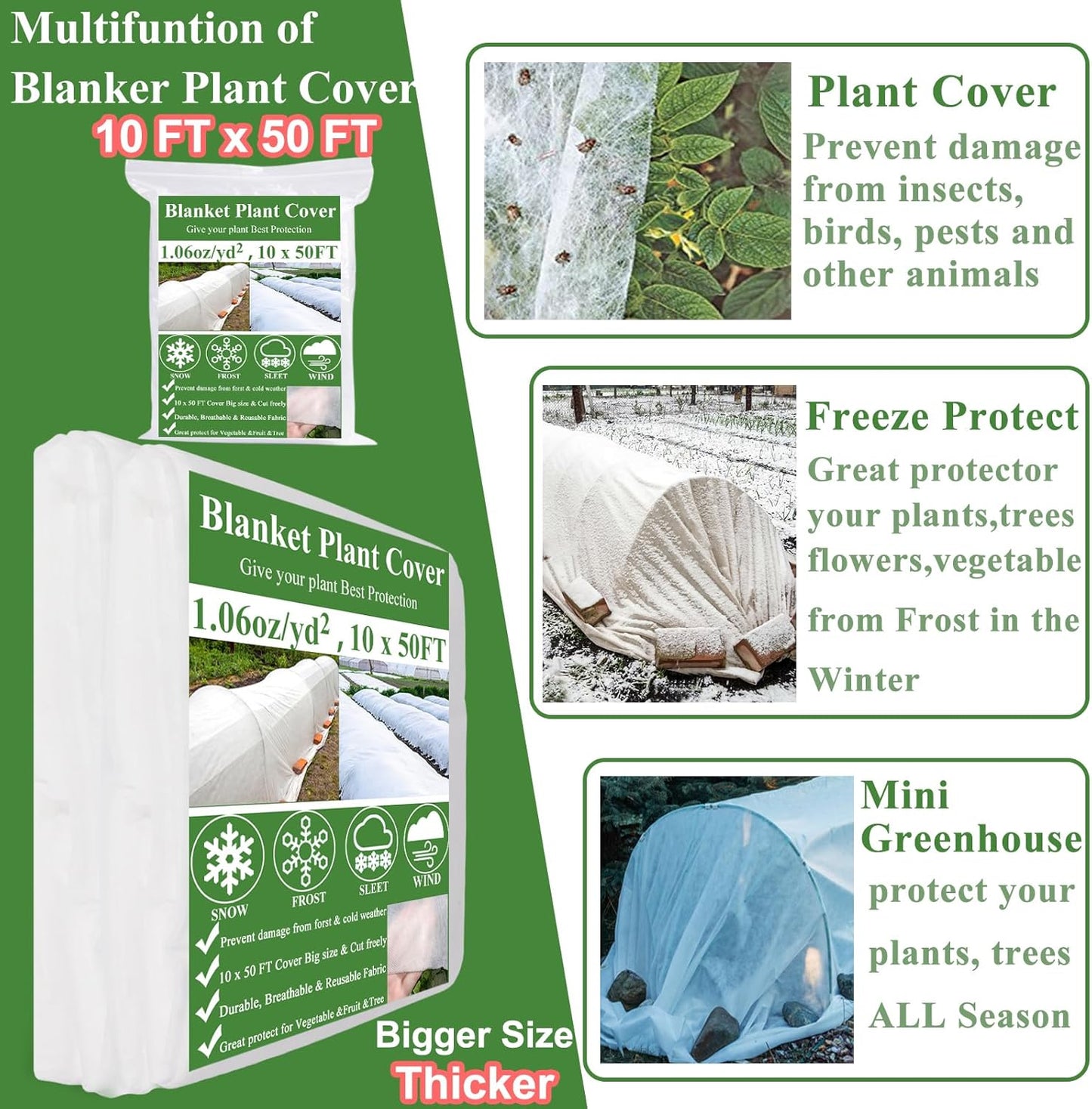 Plant Covers Freeze Protection 10 x 50Ft with 20 Stainless Steel Clip- Frost Cloth Plant Blankets Garden Fabric Freeze Cover for Outdoor Plant Raised Bed Greenhouse Winter Frost Sun Protection