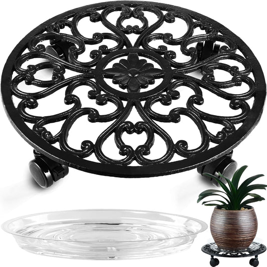 14 Inch Rolling Plant Stand with Wheels Metal Plant Caddy with Wheels Heavy Duty Round Plant Stand Indoor Iron Plants Rollers for Plants, Plant Dolly with Plant Saucers 1 Pack