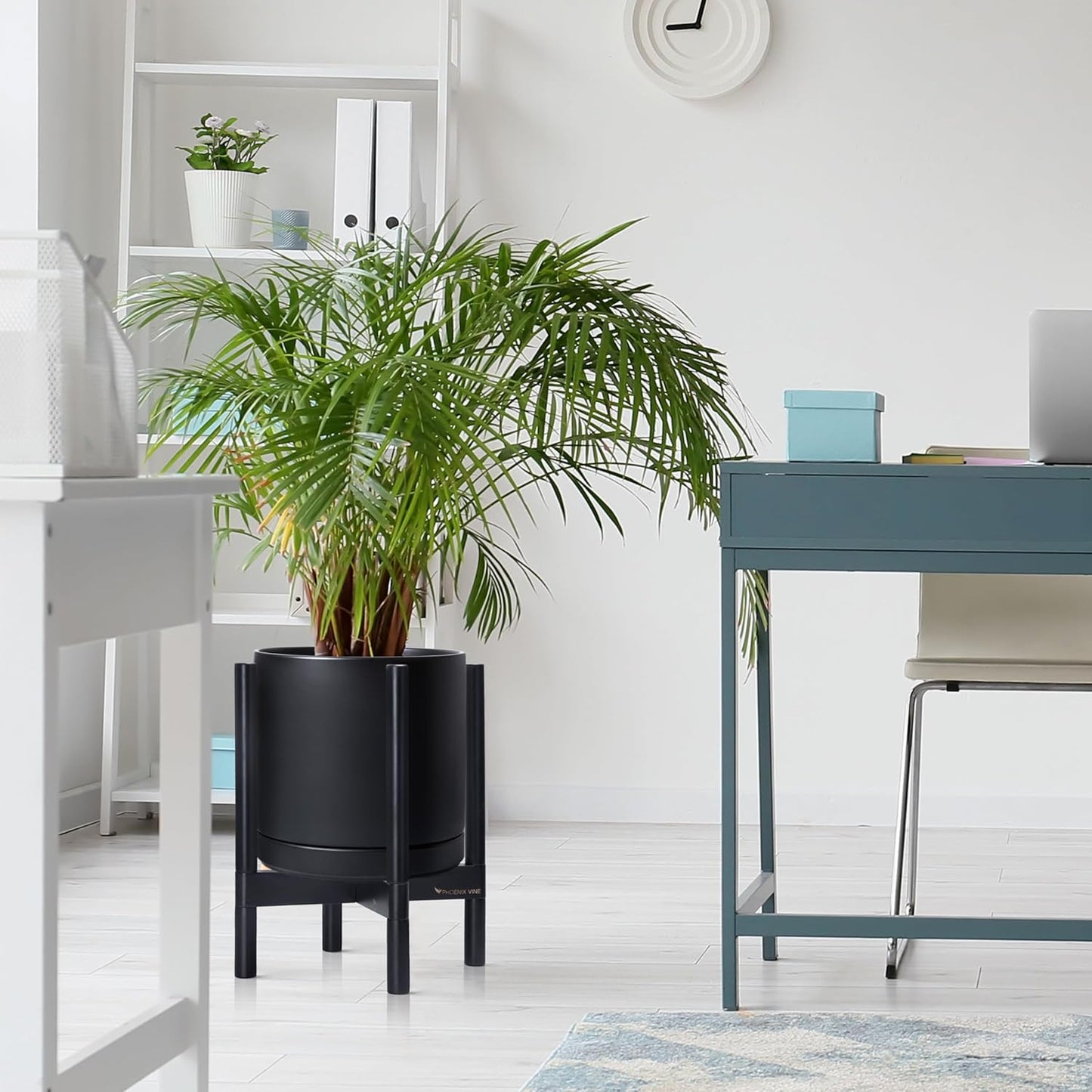 D'vine Dev Ceramic Planter with Ebony Stand - 12 Inch Modern Round Flower Pot with Wood Planter Holder, Black, 55-B-H-2