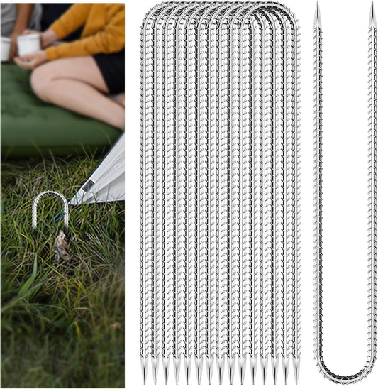 20 PCS Trampoline Stakes Anchors High Wind Heavy Duty,U Shaped Garden Hooks Stakes for Ground,Trampoline Tie Down Anchor Kit,Bounce Horseshoe House Stake,Rebar Camping Tent Stakes,16 Inch Long Silver
