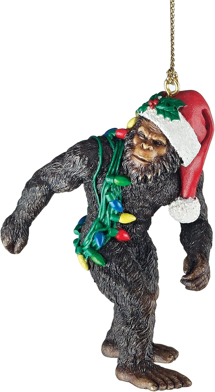 Designtoscano yeti with santa hat funny christmas tree ornament, set of 3, brown bigfoot the holiday yetti