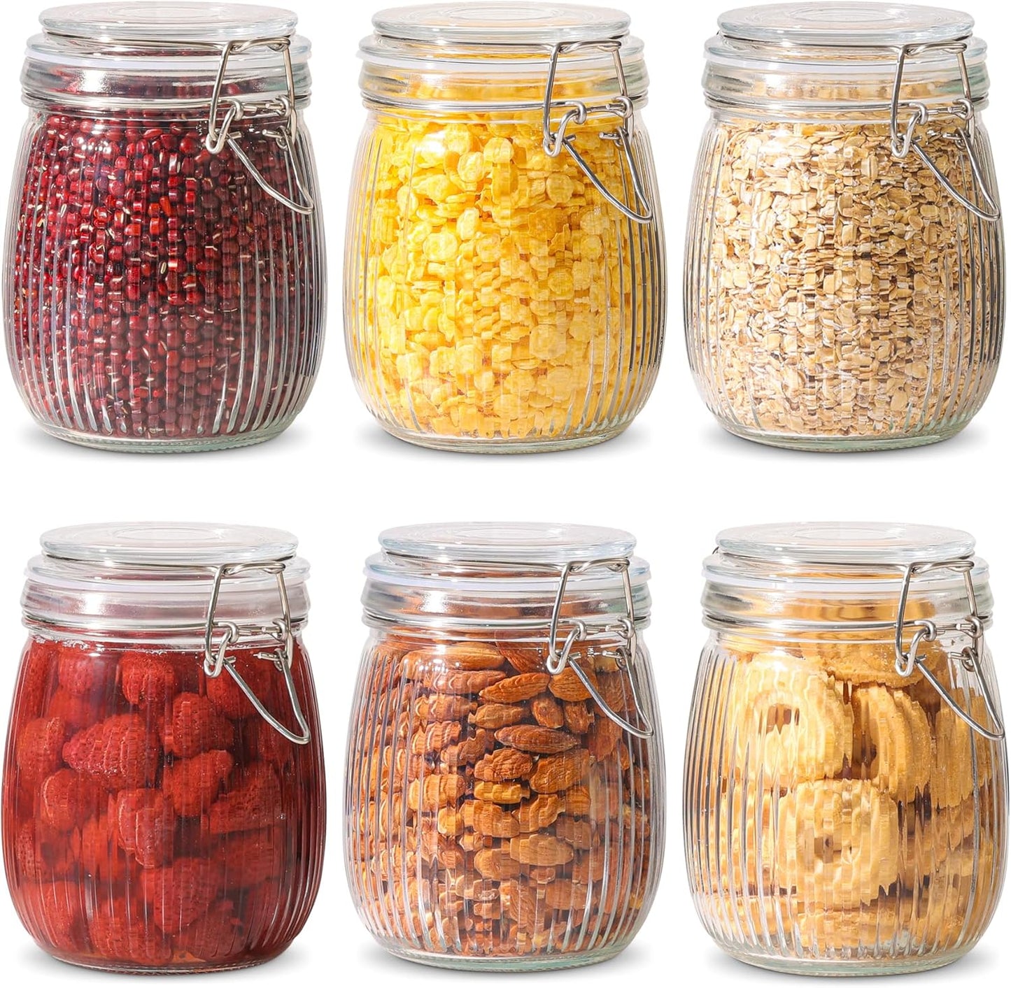ComSaf Airtight Glass jar with lid 26oz Set of 6, Glass Storage Containers with Lids, Glass Canister, Mason Jars, Striped Clip Fastening Jar for Kitchen Canning, Oat, Coffee, Pasta, Snack, Nut, Candy