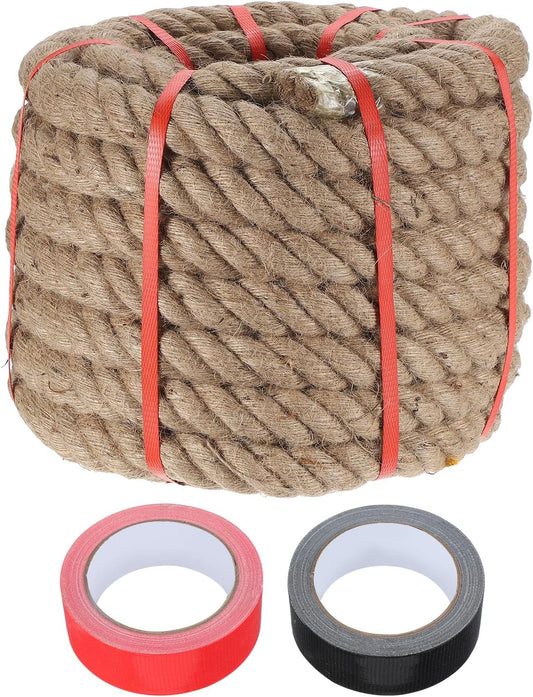 MECCANIXITY Jute Rope 1.4 Inch x 49ft, Thick Twine Rope Ropes Braided Jute Twine Natural Brown Burlap Cord String Heavy Twisted with Tapes for Decorative Crafts Railing Swing Tug of War