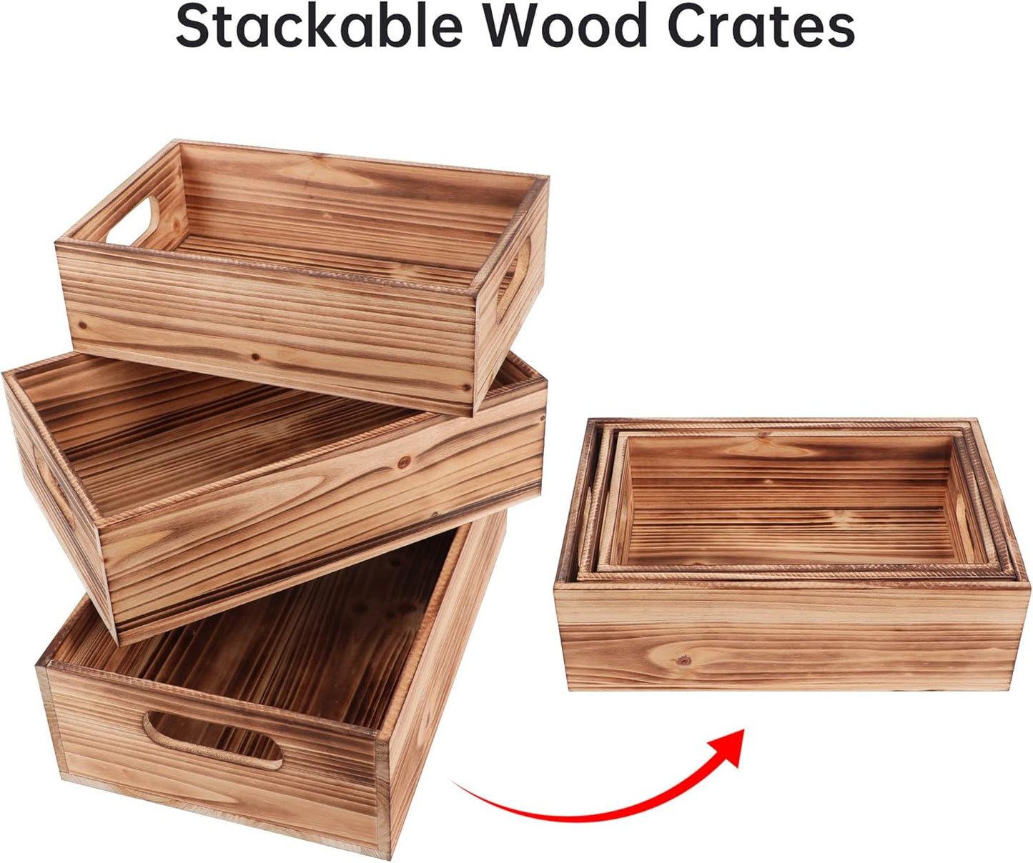 PHOENANCEE Wood Crates For Display,Rustic Crate Storage Decorative Boxes Set of 3,Wooden Nesting Box with Handles Farmhouse Container Basket Bin Home Decoration,Solid Pine,L+M+S