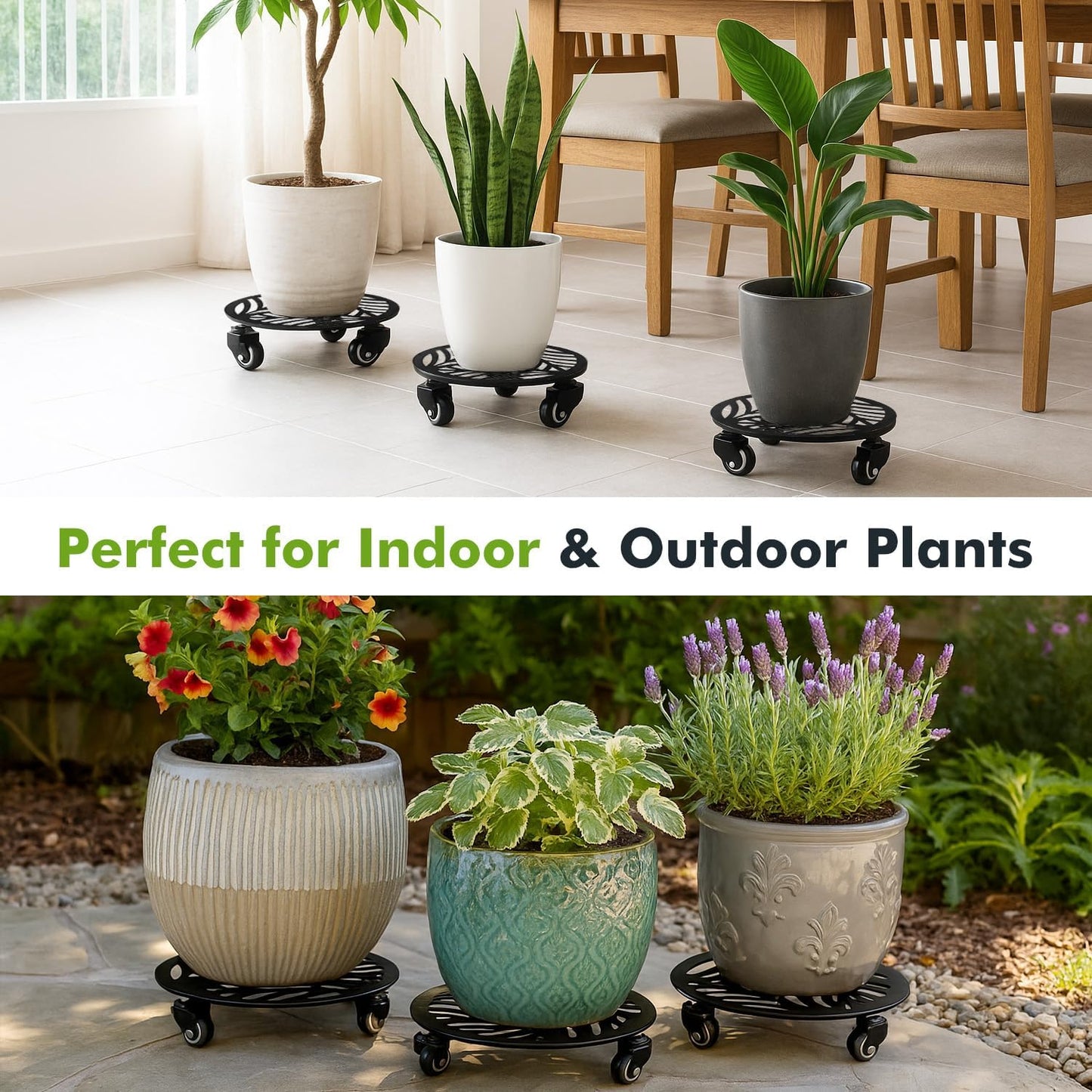 2 Packs 12" Large Metal Plant Caddy with 3 PU Metal Wheels Heavy-duty Wheeled Rolling Plant Stands with Casters Indoor Outdoor Flower Pot Roller Base Planter Dolly Coaster Movers Black, Strong Load Capacity