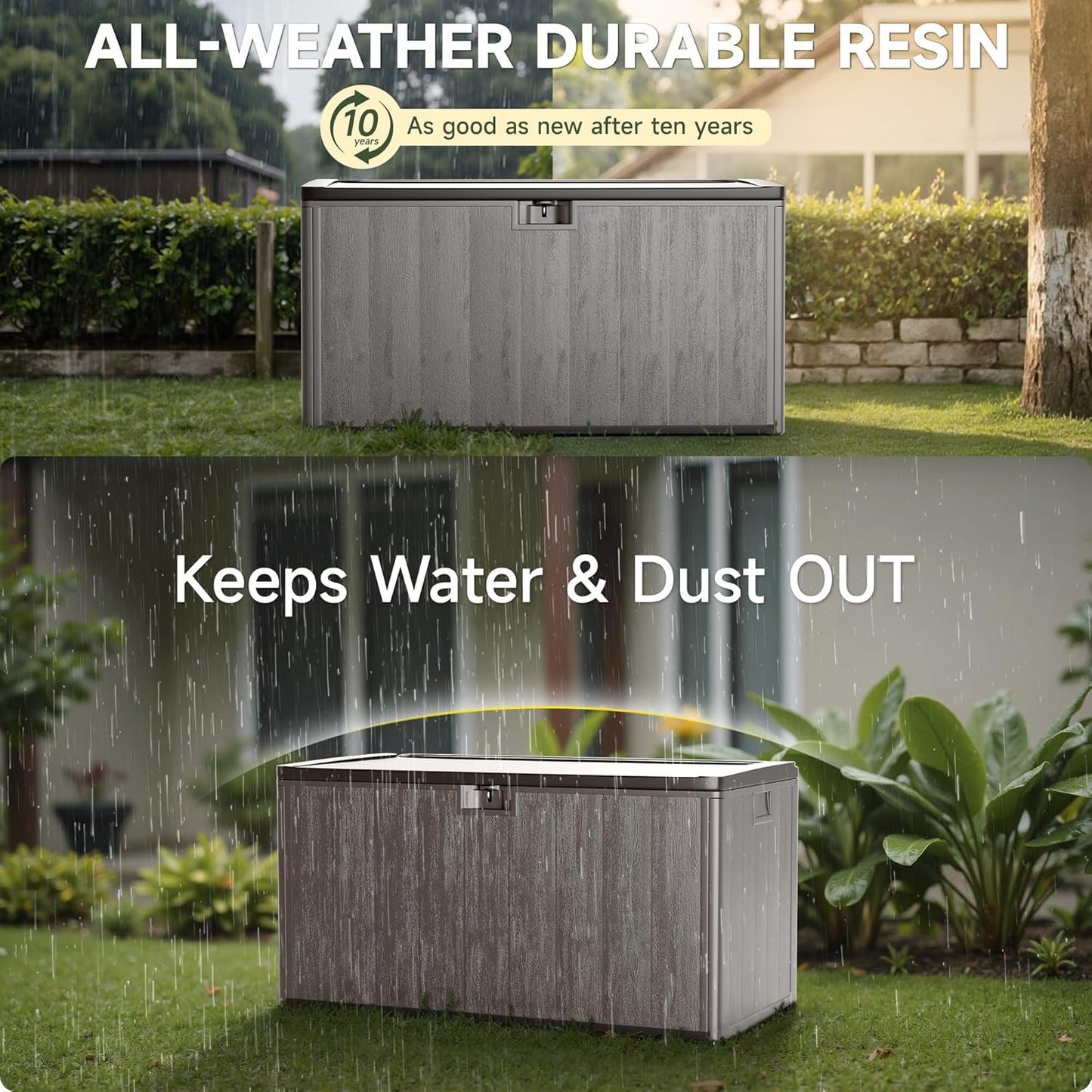 120 Gallon Resin Deck Box, Double Layer Waterproof & Outdoor Indoor Lockable Storage Box for Patio Furniture Cushions Garden Tools (Brown)