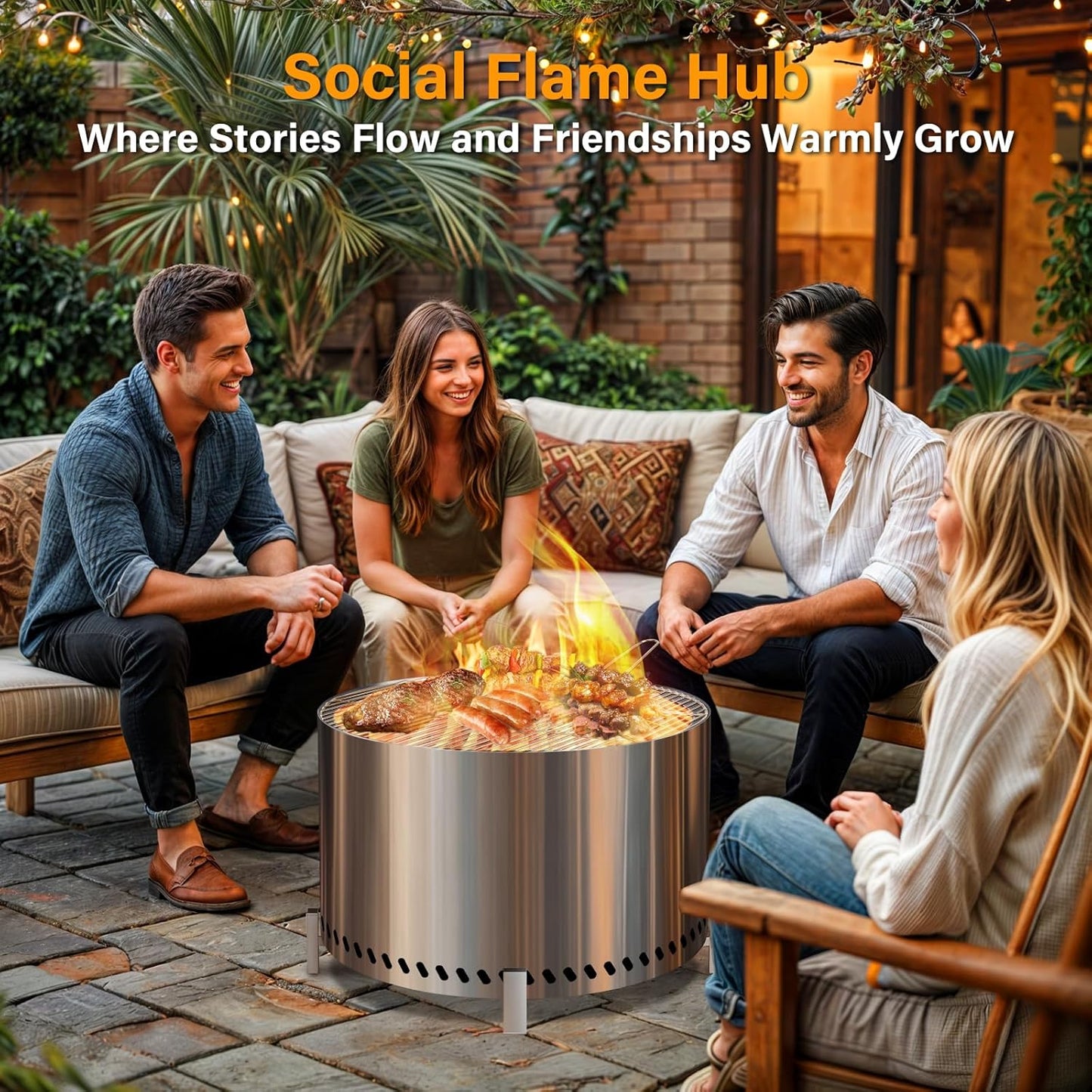 HGD 28" Smokeless Firepit with Stand & Grill Rack, Large Stainless Steel Wood Burning Fire Pit for Friends & Family Gatherings, Secondary Combustion Outdoor Patio Stove for Garden BBQ & Bonfire