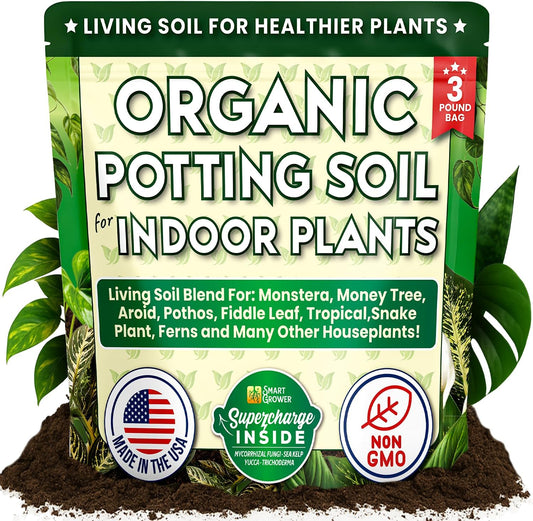 Organic Potting Soil for Indoor Plants. Boost House Plant Growth for Monstera, Fiddle Leaf, Money Tree, Pothos, Snake Plant, Aroid, Flowers, Herbs, Veggies, & More, Smart Grower 3 LB Ready to Plant