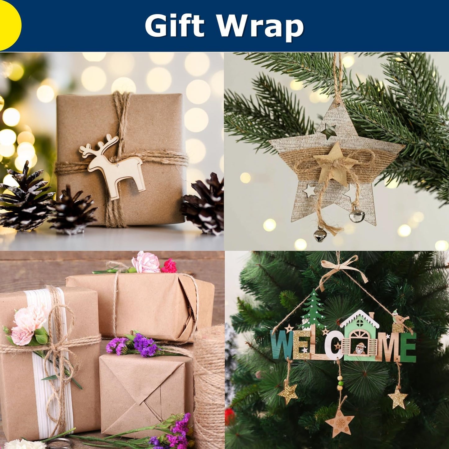 Vanhench 3600Feet Natural Jute Twine String, Bulk Hemp Jute Rope Cord Twine for Crafts Gardening, Gift Wrapping, Arts & Crafts, Wedding Décor, Packing Material Burlap Ribbon