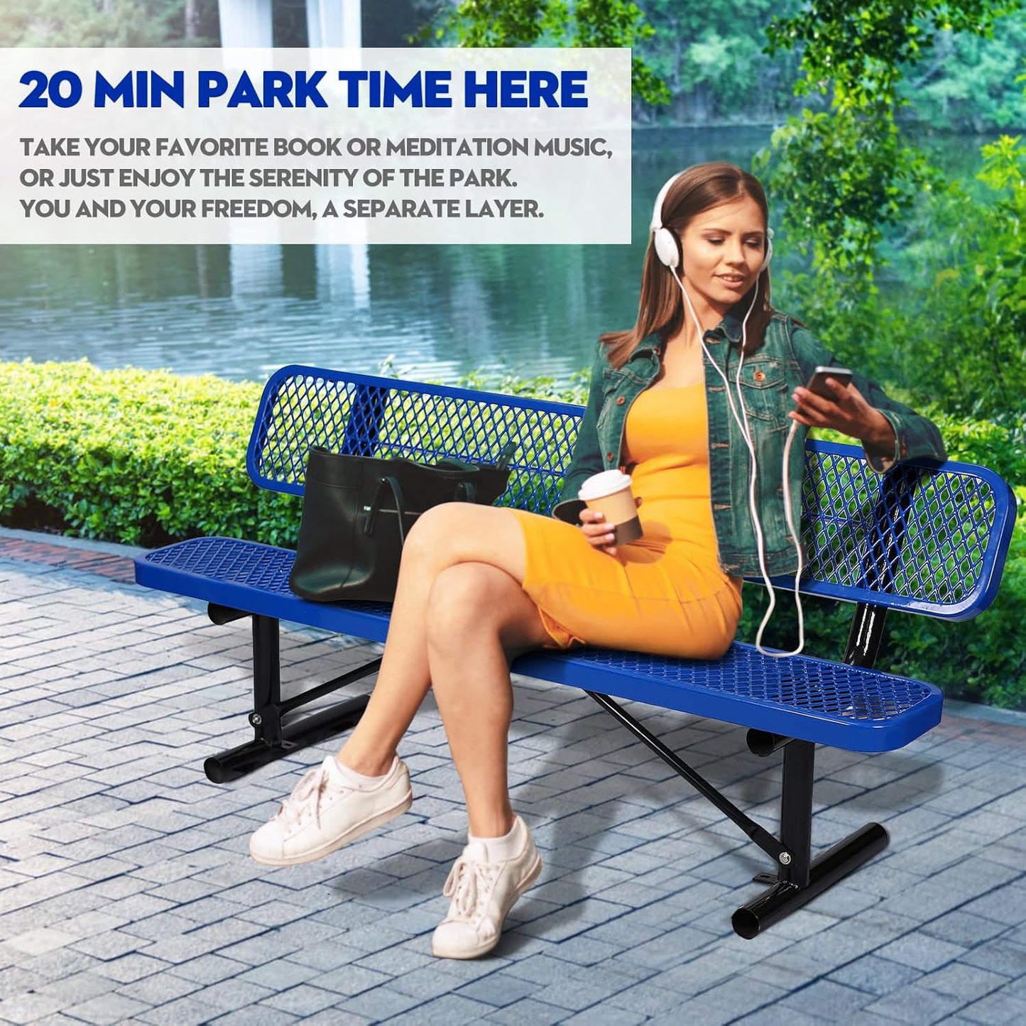 6Ft Outdoor Bench with Blue Portable Frame, Outdoor Steel Park Bench with Backrest, Expanded Metal Mesh Bench for Outside, Lawn, Backyard, Park, Deck, Garden, Patio, Porch, Blue