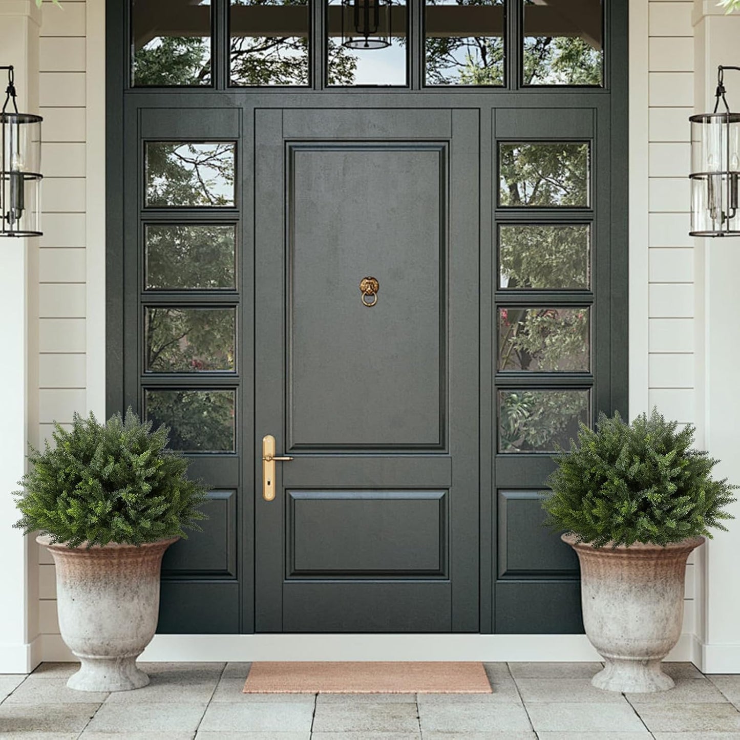 23.6Inch Artificial Cedar Topiary, 2 Pack UV Resistant Faux Evergreen Shrubs with Ground Spikes, Indoor Outdoor Potted Plants for Porch, Garden, Front Door Decor