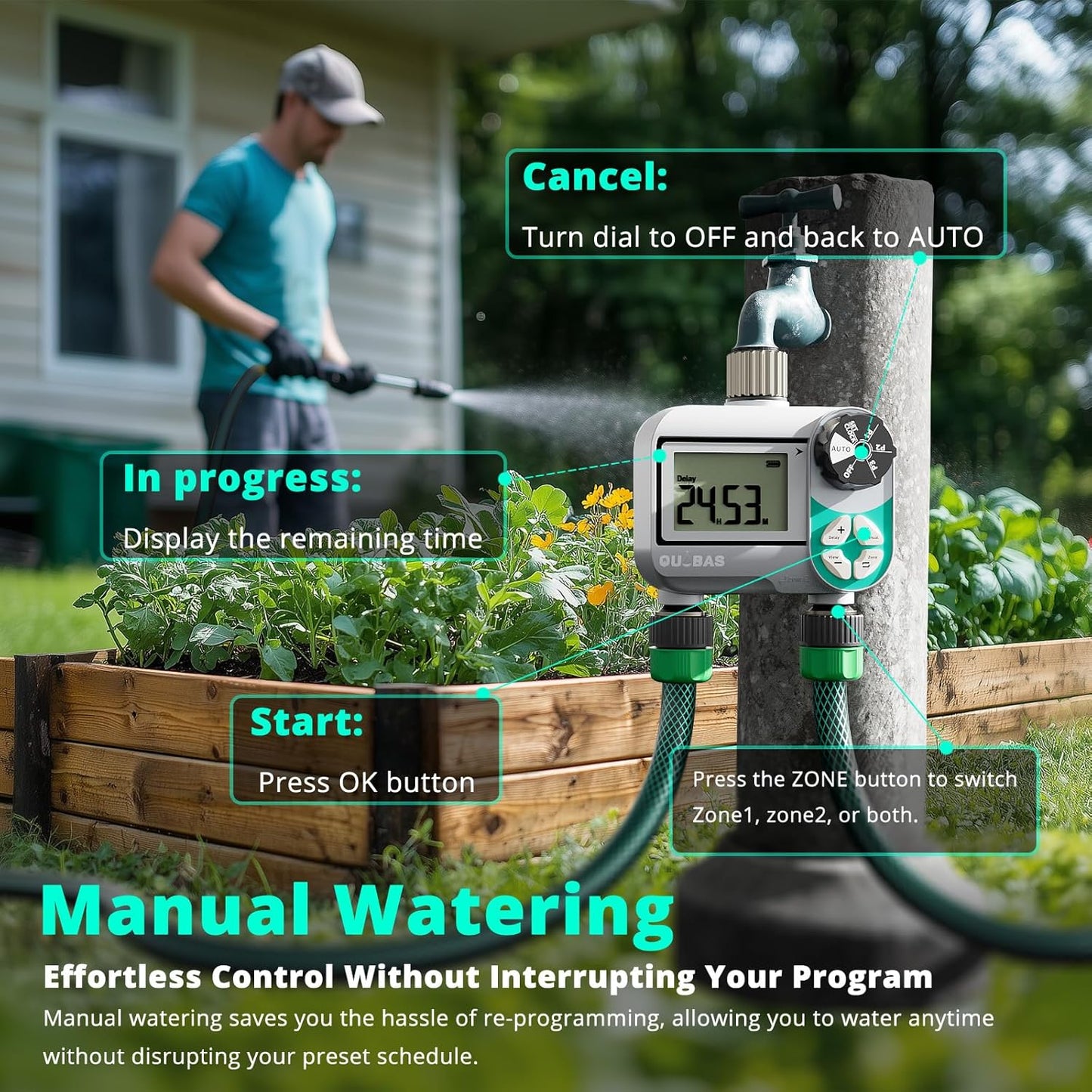 QUOBAS Weekly Plan 2 Zone Sprinkler Timer with Metal Inlet & Outlet, Water Timer for Garden Hose with Rain Delay/Manual Watering/Automatic Watering Controller System for Watering Lawn, Yard, Garden