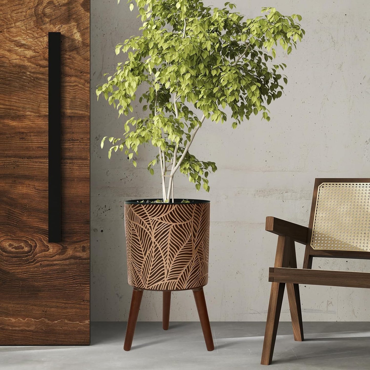 12inch Black Plant Pots for Indoor Plants Large Boho Flower Pot with Stand Modern Planters with Gold Floral Embossed Standing Planter with Drainage for Living Room, Office, Garden or Balcony