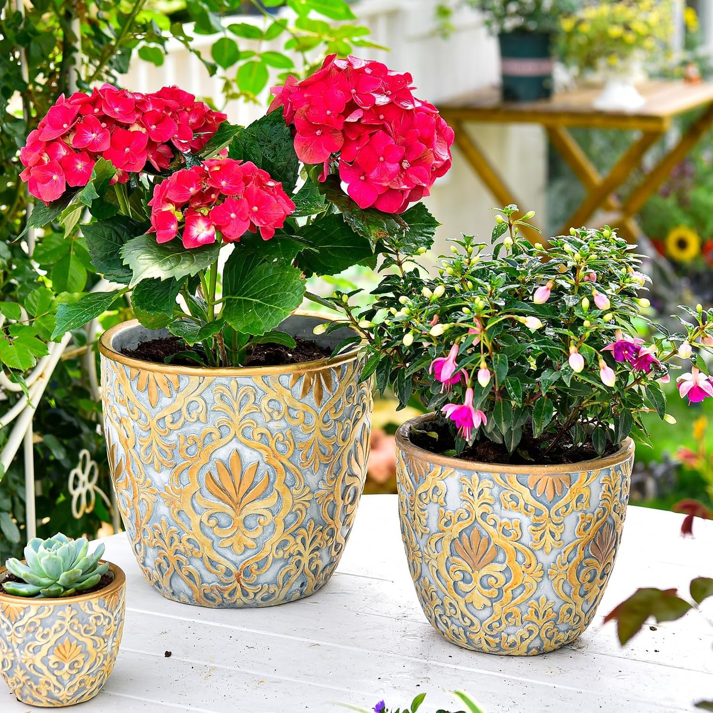 Sungmor Large Heavy Duty Cement Planters, Beautiful Embossed Concrete Garden Pots, 8" & 10" Set of 2 Plant Pots with Drainage Hole, Home Garden Decorative Flower Pots for Indoor Outdoor Plants Floral