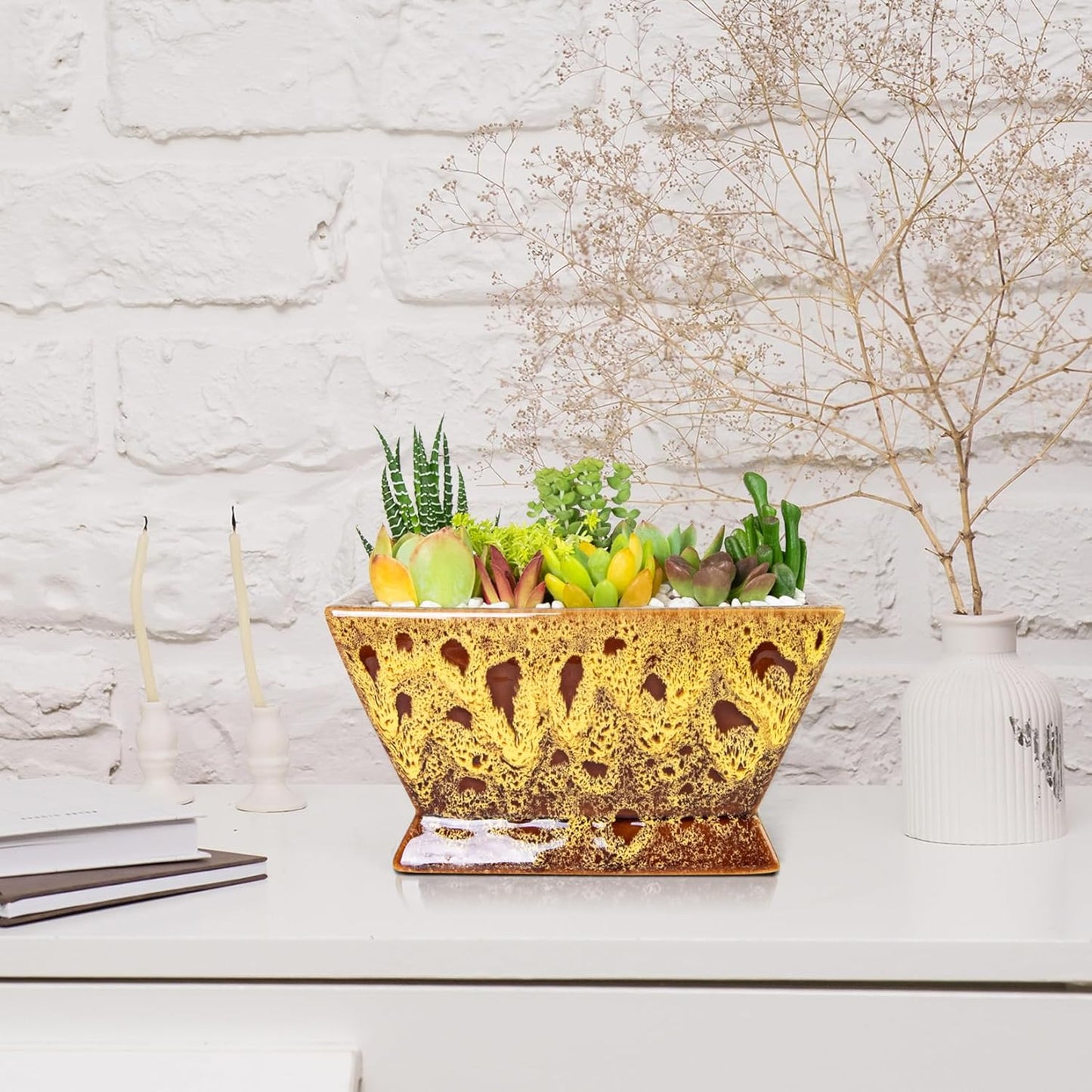 ARTKETTY Succulent Pots - 7 Inch Large Plant Pot with Drainage, Shallow Bonsai Pots Ceramic Succulent Planters for Indoor Outdoor Plants, Modern Cactus Pot Decorative Home Office