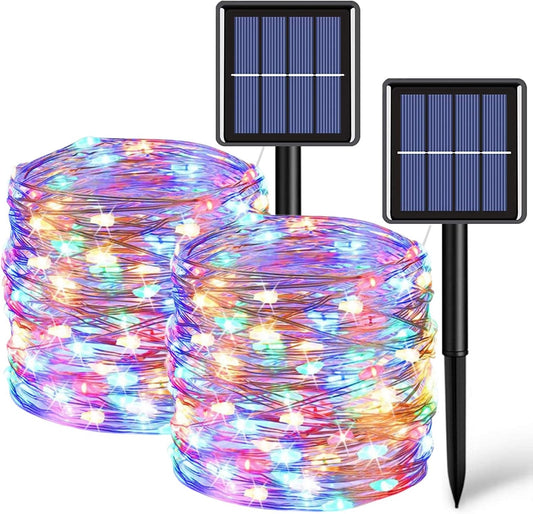 QITONG 2 Pack Multicolor Solar Christmas Lights, Each 66ft 200 LED Solar Fairy Lights Outdoor Waterproof, 8 Modes Silver Wire Solar Mini Twinkle Lights