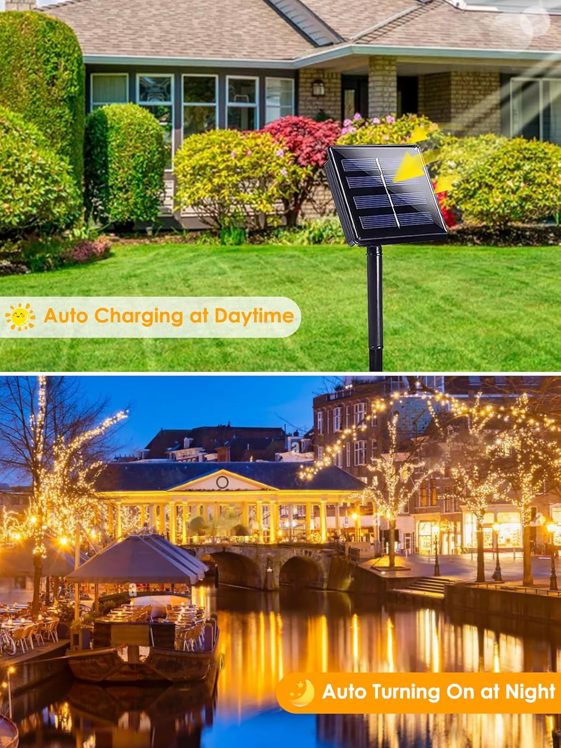 4-pack Solar Christmas Lights Outdoor Waterproof, 400LED 132FT Solar String Light with 8 Lighting Modes, Solar Tree Lights Green Wire for Xmas Tree Party Wedding Garden Fence Decoration (Warm White)