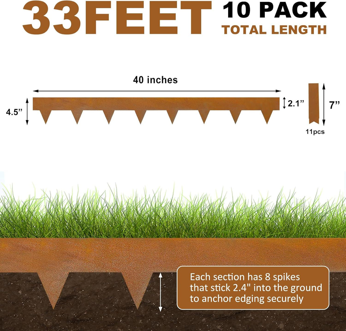 Hugeleaf 4.5 Inch Pre-Rusted Cor-Ten Steel Landscape Edging with 11 Pcs Metal Clips, Hammer-in Heavy Duty Metal Edging Pack of 10 (33 Feet Total Length) -Edge for Lawn Garden Yard