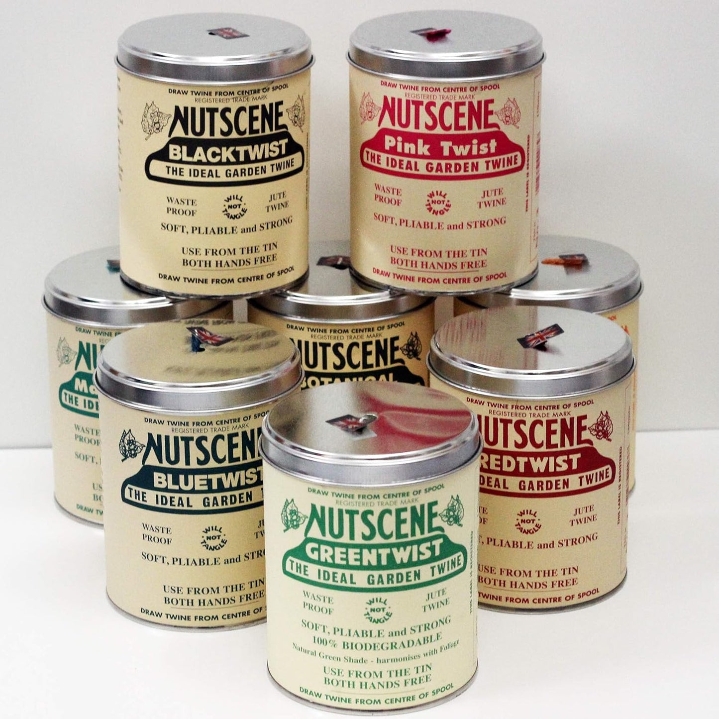 NUTSCENE Iconic Tin (Tin ‘O’ Twine) with Their Heritage Scottish Jute Twine and Hole in Top for Easy Dispensing. 14 Colors to Choose from. 164 Yards. (Lime)