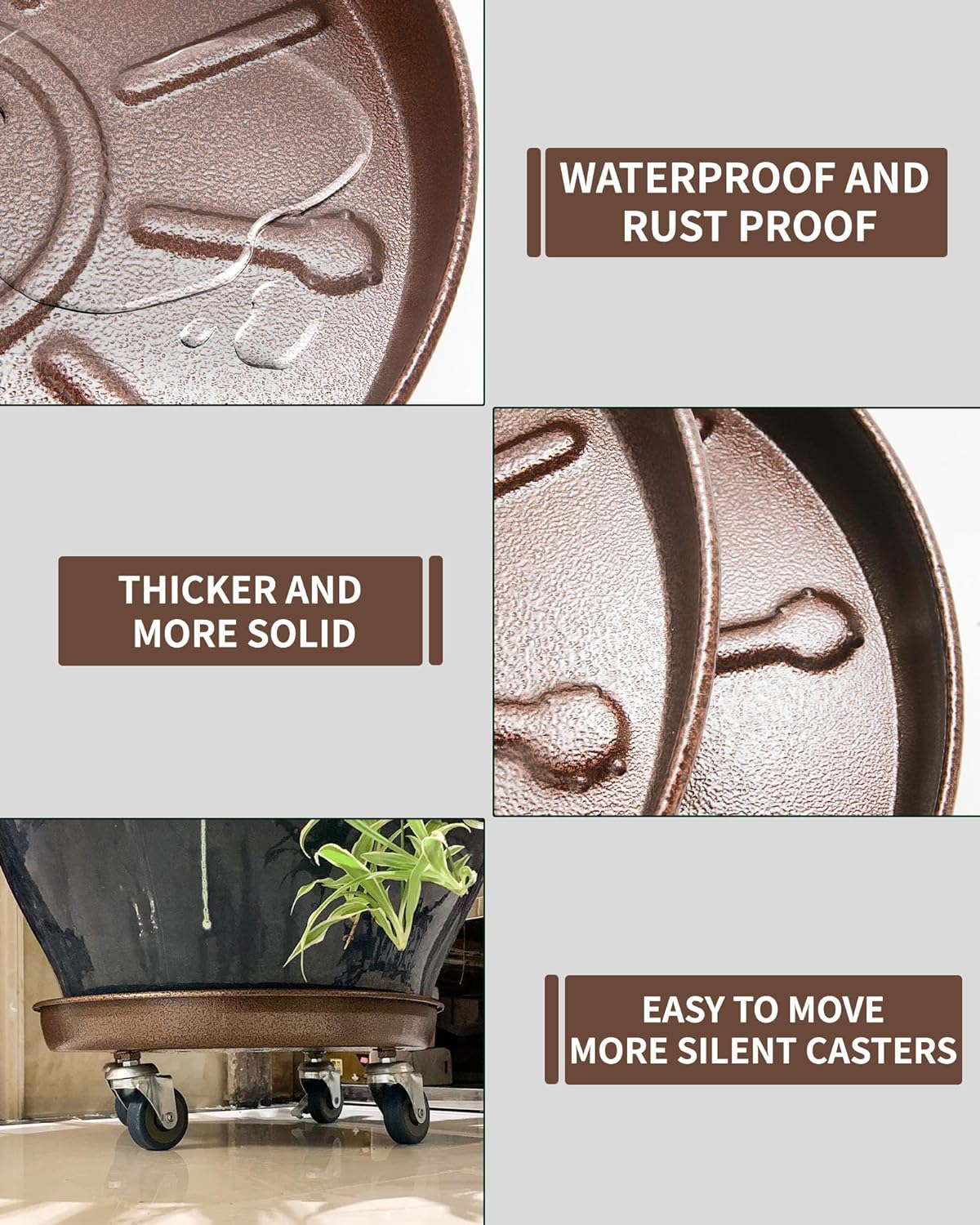 Heavy Duty Plant Caddy with Solid Rubber Wheels, Lockable, Increased Load Capacity, One-Minute Installation, Suitable for Indoor, Outdoor, Patio, Garden Settings, 20 Inches 3PACK, Brown