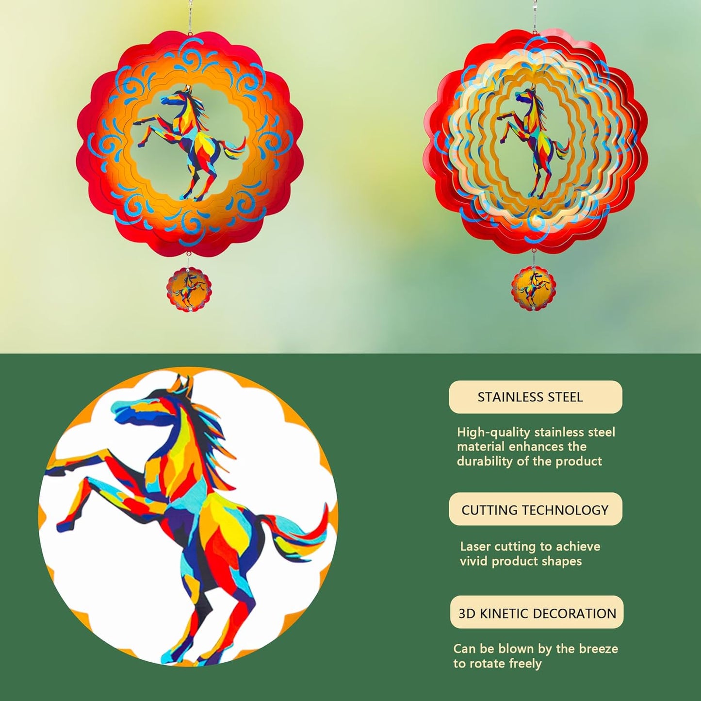 12 inch Horse 3D Stainless Steel Wind Spinners, Hanging Garden Spinner Kinetic Art Garden Decorations, Reflective Wind Sculpture for Indoor/Outdoor Decor