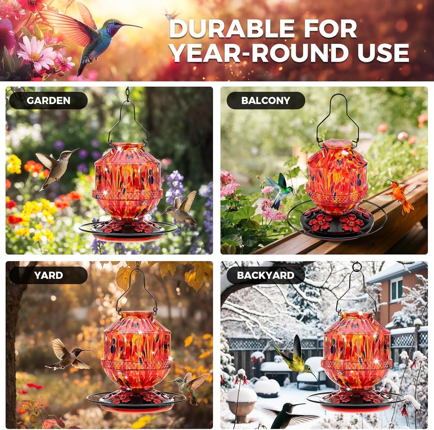 Blown Glass Hummingbird Feeders for Outdoors, 25 Ounces Wild Bird Nectar Feeder with Perch & 5 Flower Feeding Ports Leak Proof Hanging for Garden Backyard Decor, Gifts for Women Mom, Sunrise Red