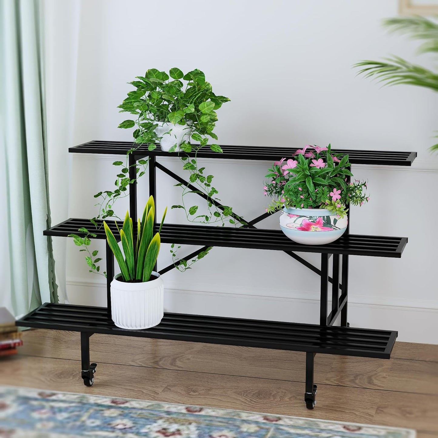 Zhongma 3 Tier Sturdy Metal Plant Stand with Wheels, L45.67 x W26 x H26 inch, Heavy Duty Plant Holder for Home Indoor and Outdoor, 660 LBS Capacity & Heavy Duty Construction