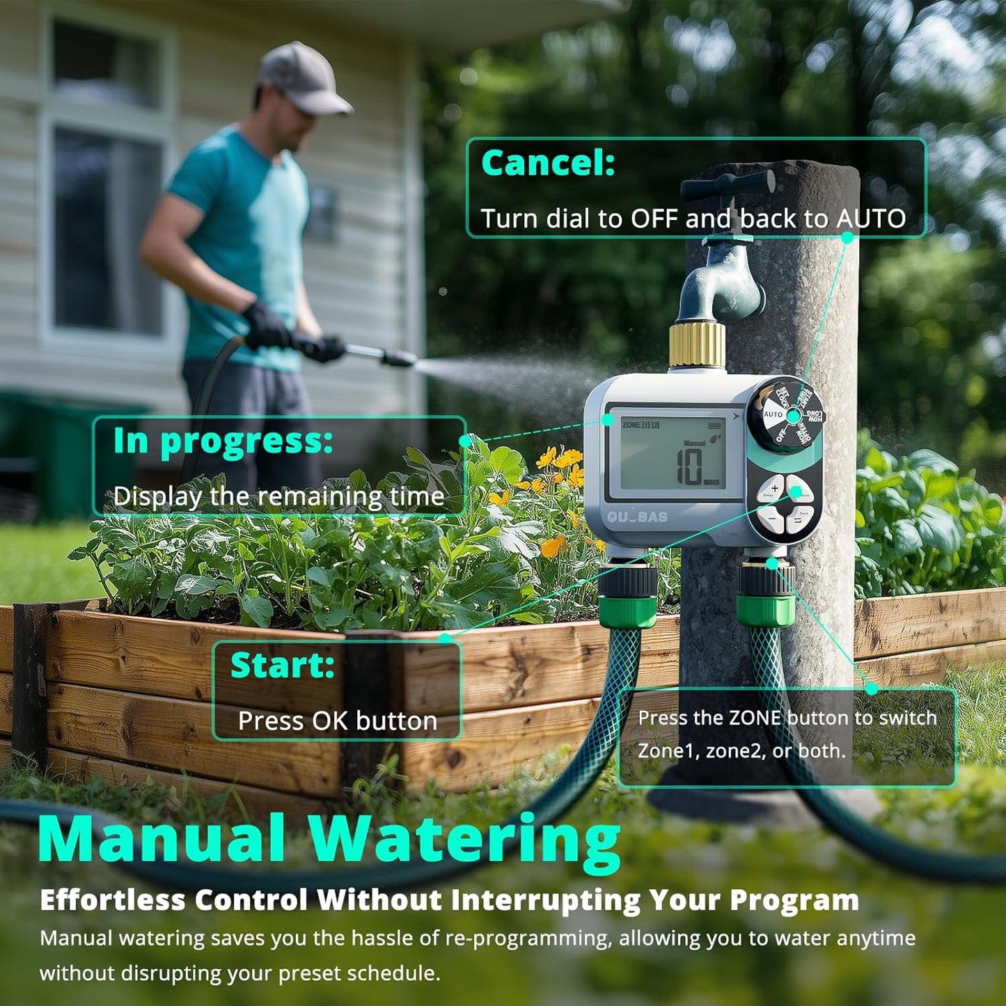 [2 Pack] QUOBAS 2 Zone Water Timer for Garden Hose, Automatic Sprinkler Timer with Dual Outlets, Heavy Duty Brass Fittings, Leak-Free, Programmable, for Lawn Watering and Drip Irrigation System