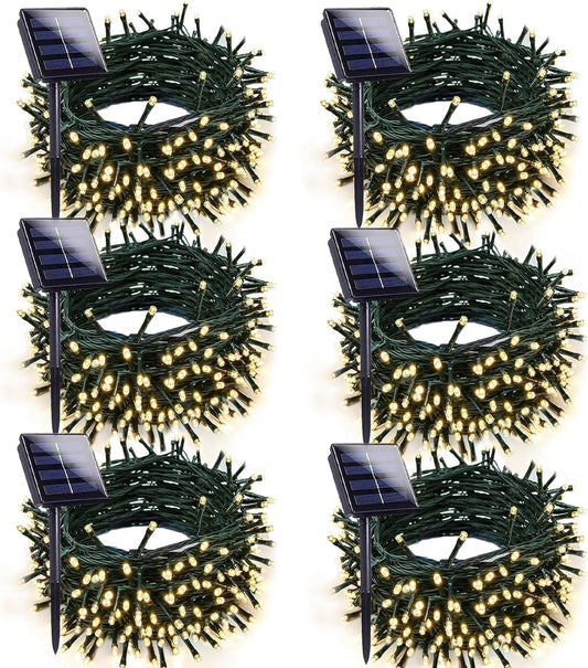6pk Warm White Solar Christmas Lights Outdoor Waterproof, 600 LED 198FT Solar Powered LED String Lights Green Wire with 8 Modes, Solar Fairy Lights for Xmas Tree Party Wedding Garden Fence Decorations