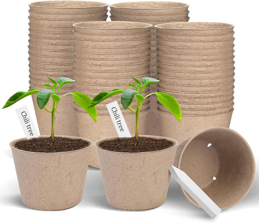 Peat Pots, 60 Pack Plant Starter Round Nursery Pot with Drainage Holes, Garden Germination Seedling Pots with 30 Plant Labels (4 Inch)